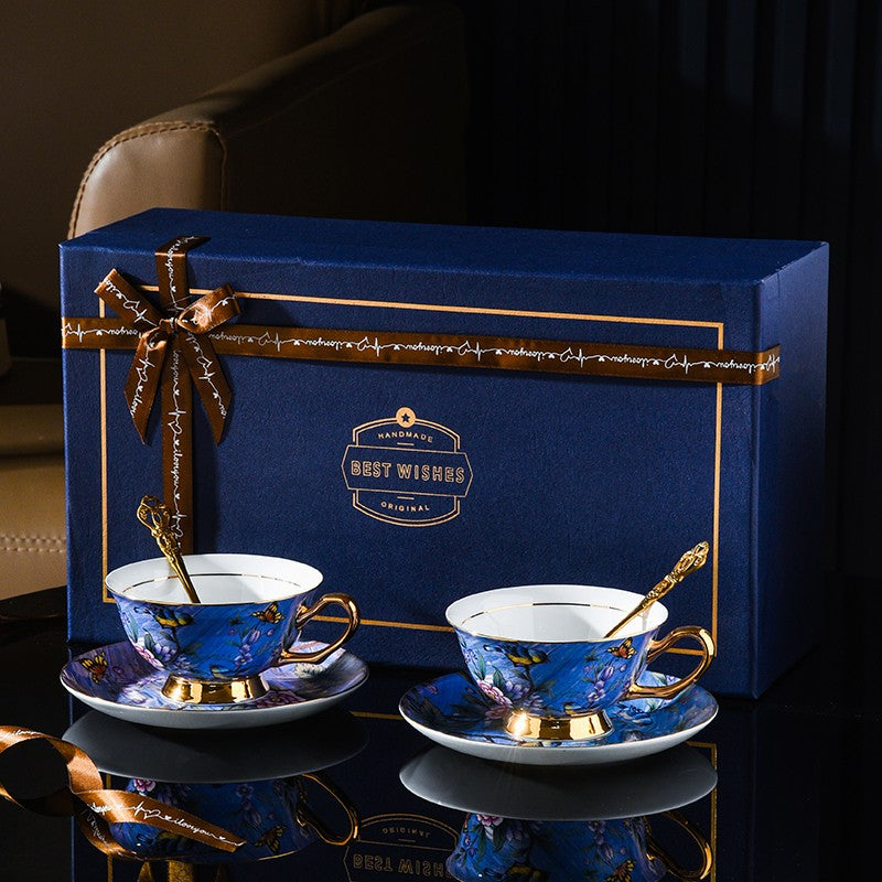 Blue Bird and Butterfly Bone China Porcelain Tea Cup Set - Elegant British Tea Cup and Saucer in Gift Box, Fine Ceramic Coffee Cups for Afternoon Tea, Bridal Shower, and Home Decor