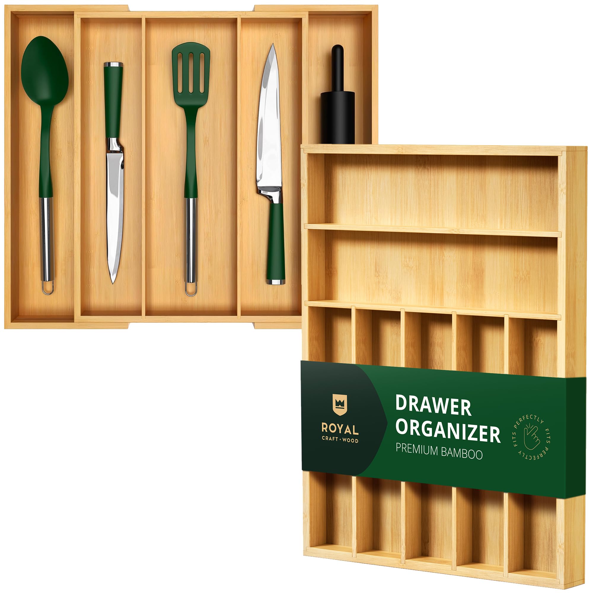 Premium Bamboo Kitchen Drawer Organizer - Silverware & Utensil Holder with Adjustable Dividers | Cutlery Tray for Flatware, Knives, Spoons | Ideal for Home Kitchen Organization & Dining Room Storage