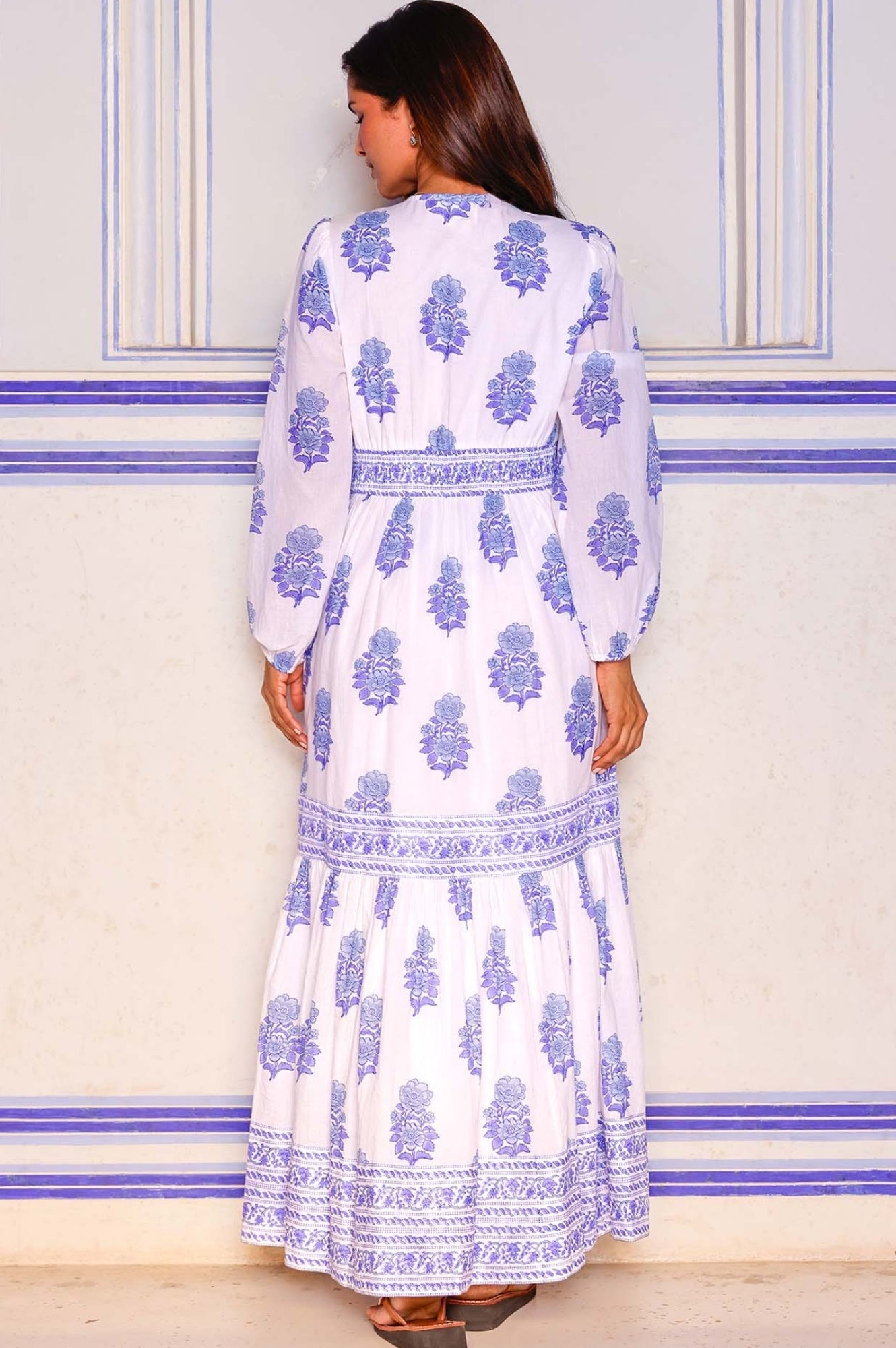 Pippa Long Sleeve Block Print Floral Dress in Pansy Buta Blue | Boho Chic Women's Dress for Casual Wear, Date Night & Summer Outfits