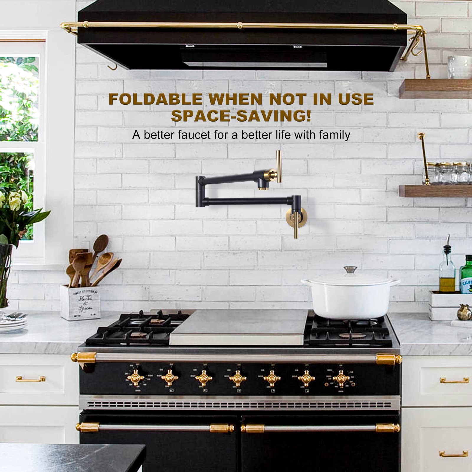 Premium Solid Brass Wall Mount Pot Filler Faucet - Black & Gold Commercial Kitchen Faucet with Stretchable Double Joint Swing Arm for Stove & Sink - Ideal for Restaurants, Home Kitchens & Cooking Enthusiasts