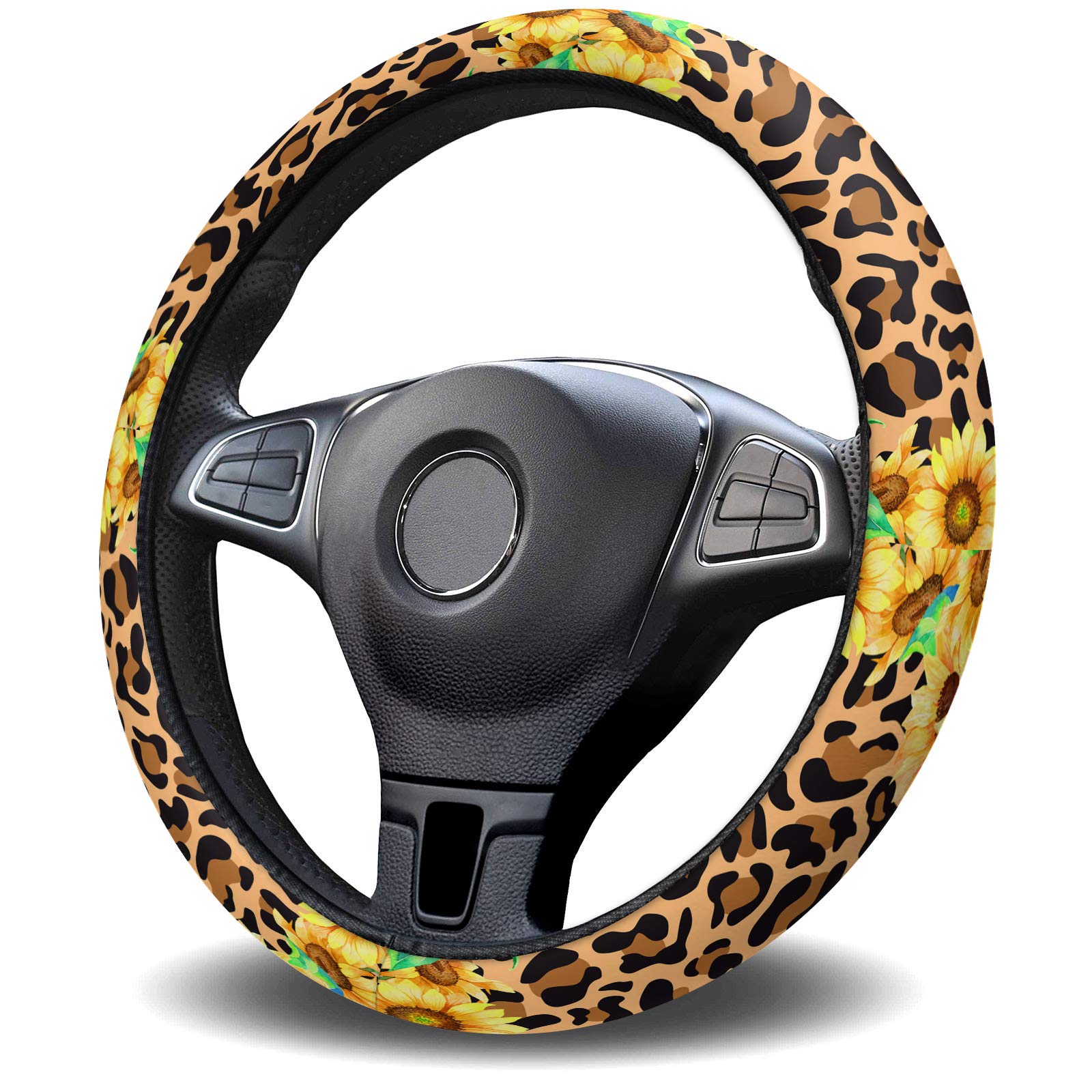 Sunflower Leopard Print Steering Wheel Cover - Universal Quick Release Anti-Slip Car Wheel Protector for Women & Men - Fits Truck, SUV, Sedan - Wild Panthera Skin Pattern for Style & Comfort While Driving
