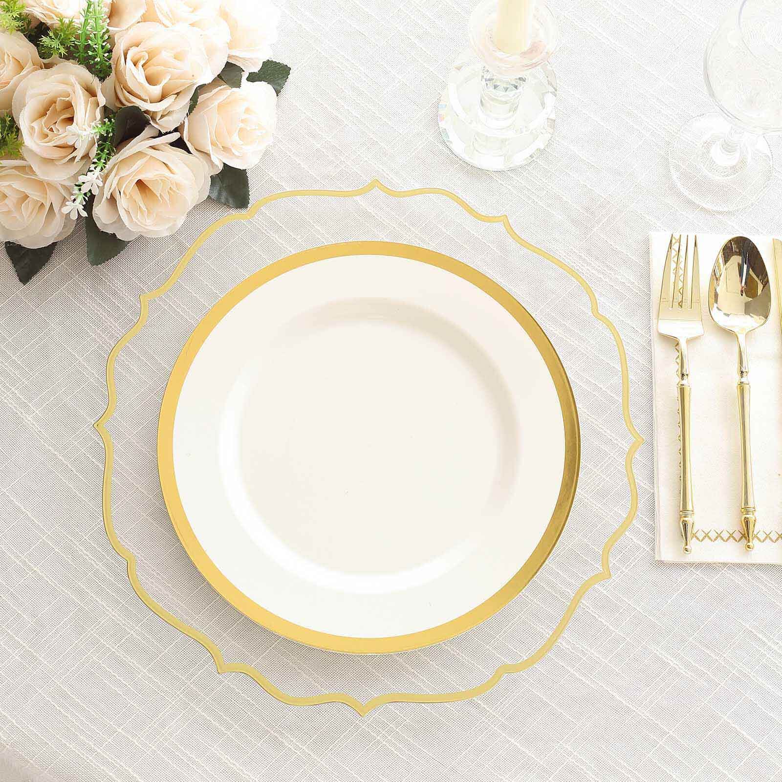 10 Pack Clear Plastic Charger Plates 13 Inch with Gold Scalloped Rim - Elegant Disposable Dinner Plates for Wedding, Party, Buffet & Holiday Table Decor