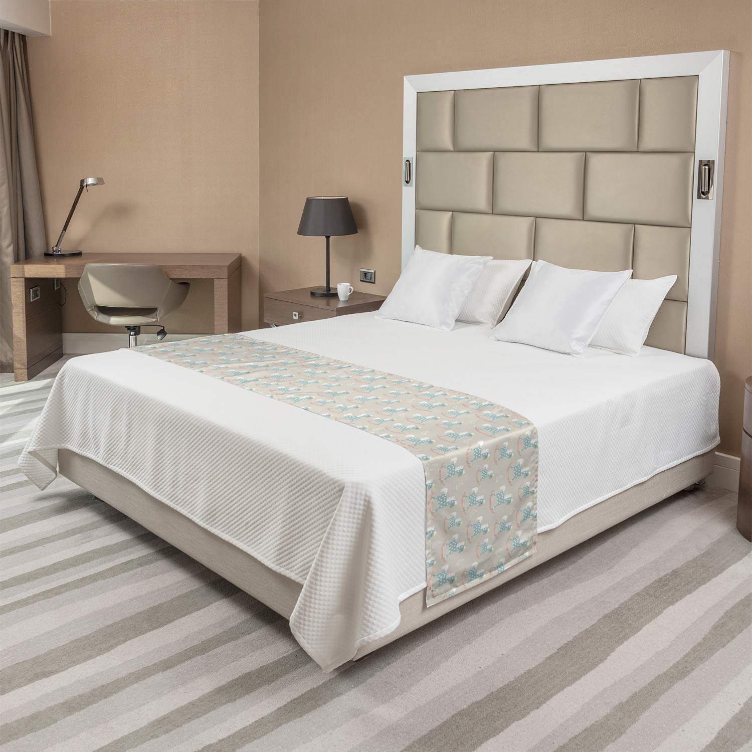 Ambesonne Cartoon Rocker Horse Bed Runner with Polka Dots & Horn Animal Design - Cream Decorative Bed Scarf for Queen Beds - Perfect for Hotels, Homes & Guest Rooms - Adds Whimsical Charm to Bedroom Decor