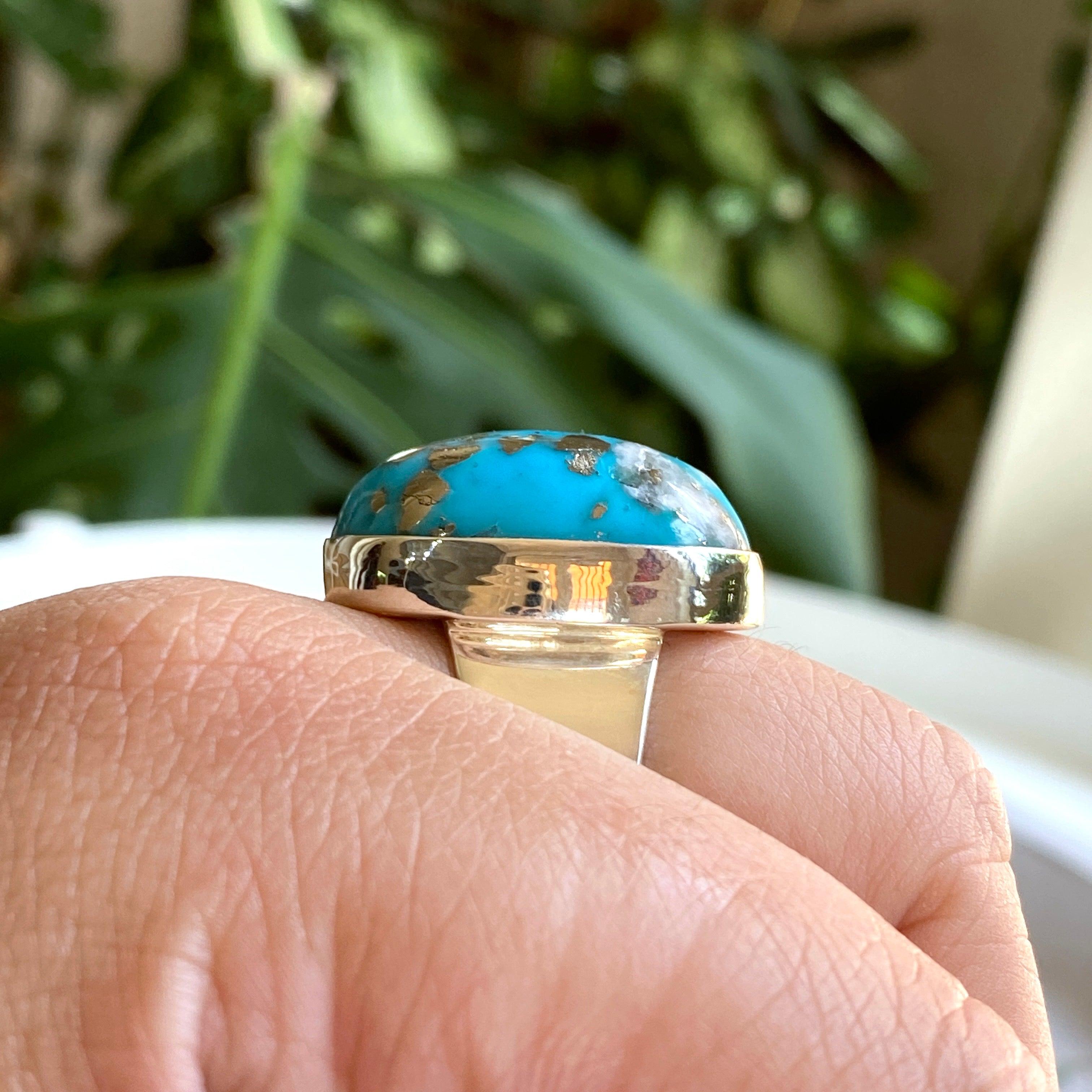 Persian Turquoise with Pyrite Oval Ring - Size 13 - KRGJ2518 - Elegant Jewelry for Women, Perfect for Weddings, Parties & Special Occasions