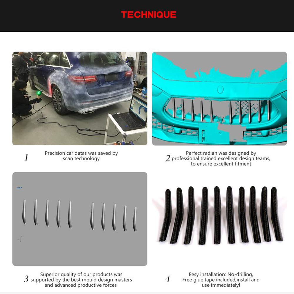 Carbon Fiber Front Bumper Grill Trim Strips Cover for Maserati Ghibli Sedan (2018-2019) - 10pcs/Set - Enhances Style & Protects Grill - Perfect for Car Enthusiasts & Auto Shows