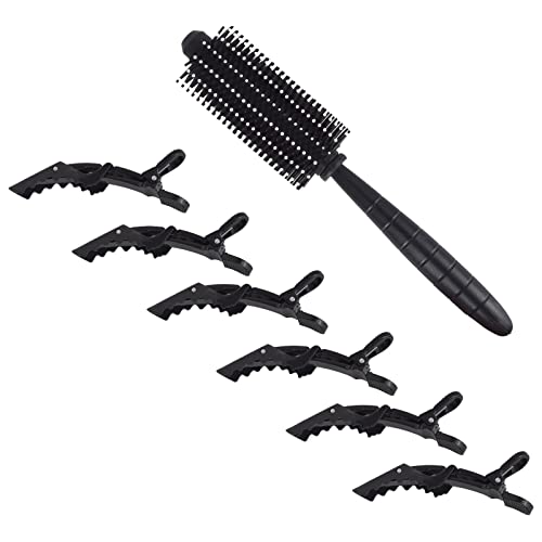 VEDETIC® Professional Round Hair Brush Set with 6 Alligator Hair Sectioning Clips - Black Plastic Salon Styling Tools for Blowouts, Curling & Smoothing at Home or Salon