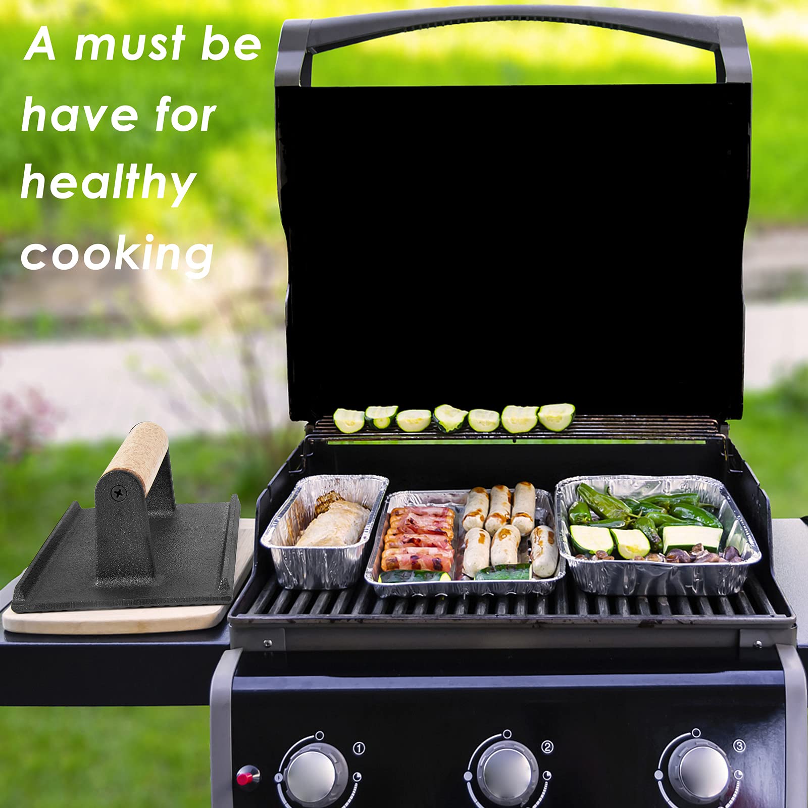 Premium Cast Iron Bacon Press & Hamburger Patty Maker - 8
