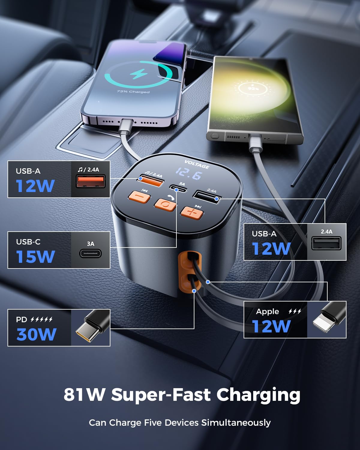 SUPERONE Bluetooth 5.3 Car Adapter with Retractable PD 30W Fast Charger | FM Transmitter & Receiver | Hands-Free Calling & MP3 Music Player | LED Display | USB Port - Perfect for Road Trips & Commuting