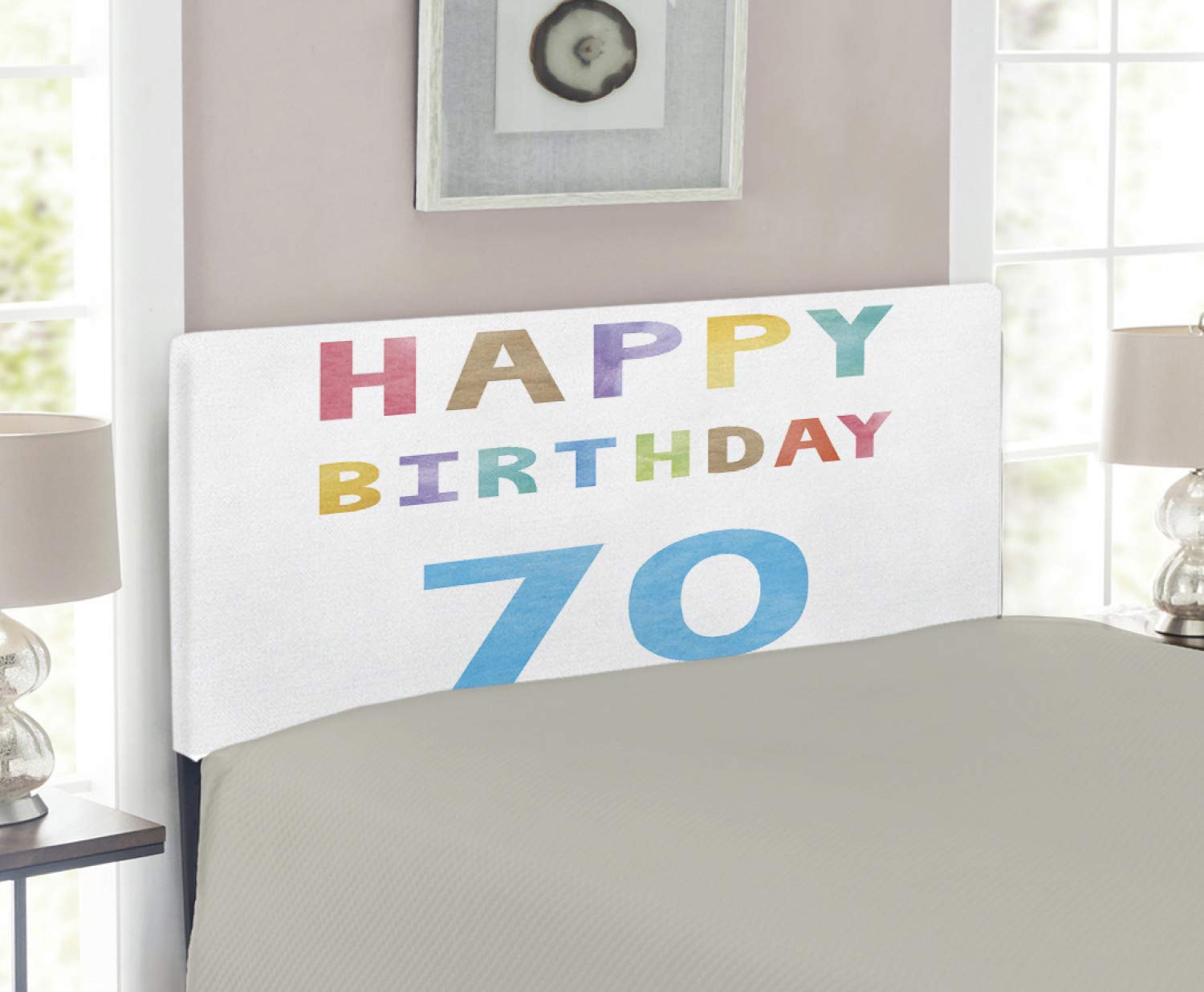 Ambesonne Vintage 70th Birthday Headboard - Abstract Age 70 Party Words Art Print Upholstered Metal Bed Frame with Memory Foam - Twin Size Multicolor Decorative Headboard for Birthday Party Decor & Bedroom Upgrade