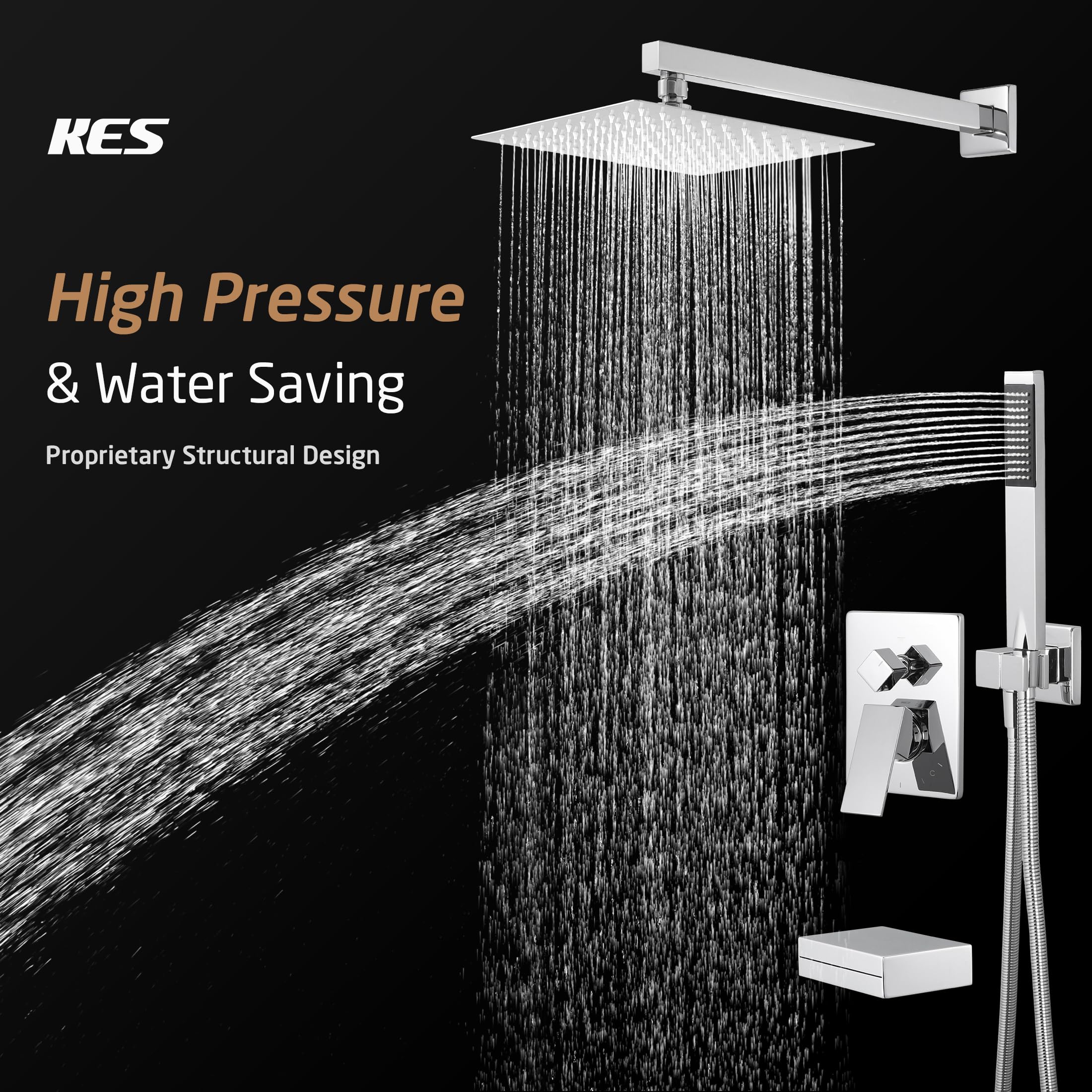Premium KES Chrome 10-Inch Rain Shower System with Tub Spout & Handheld Spray - Pressure Balance Bath Faucet Set XB6305F18-CH for Modern Bathroom Renovation & Spa-Like Experience