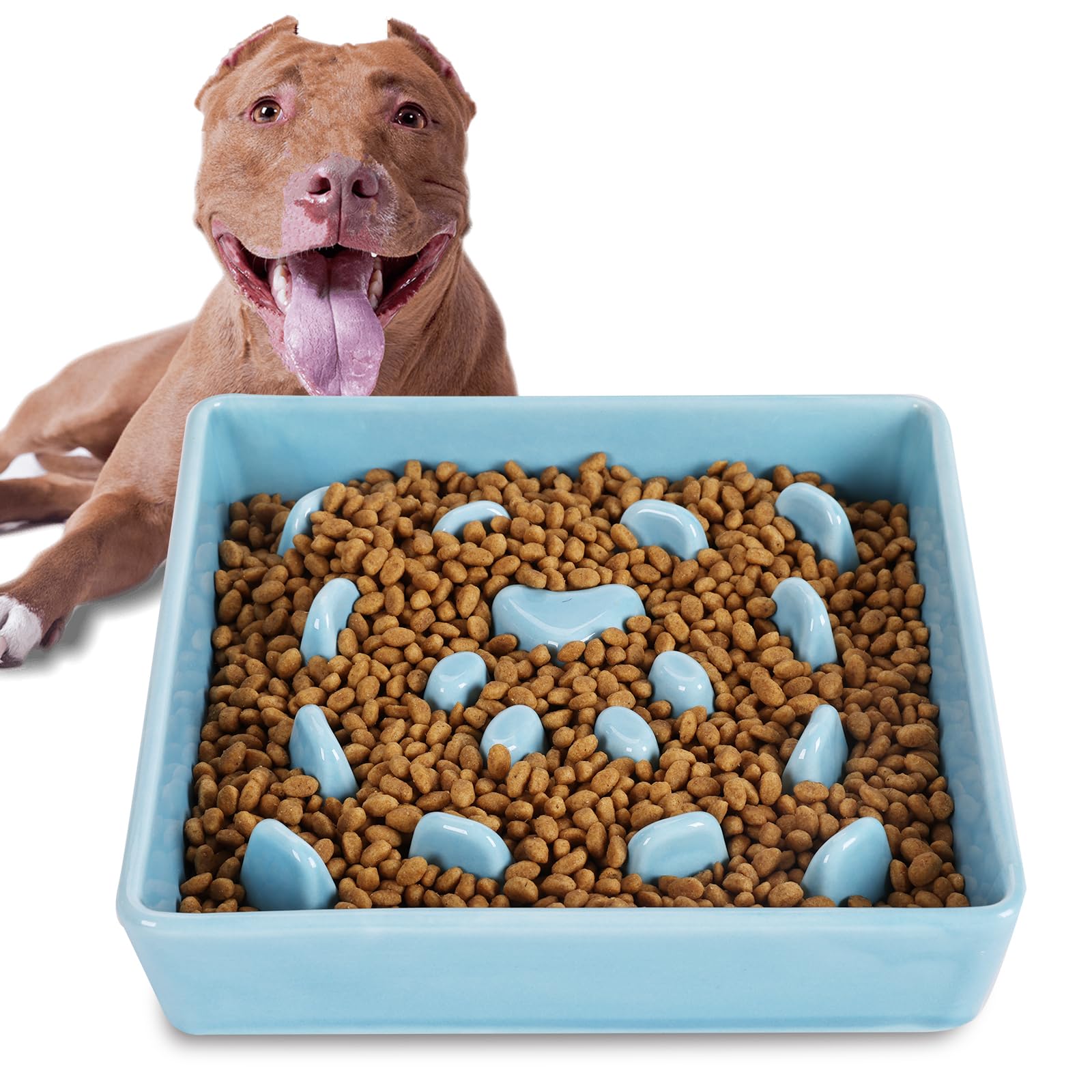 Ceramic Slow Feeder Dog Bowl for Small & Medium Breeds - Square Fun Design in Turquoise - Prevent Fast Eating & Bloat - Perfect for Mealtime Enrichment & Portion Control
