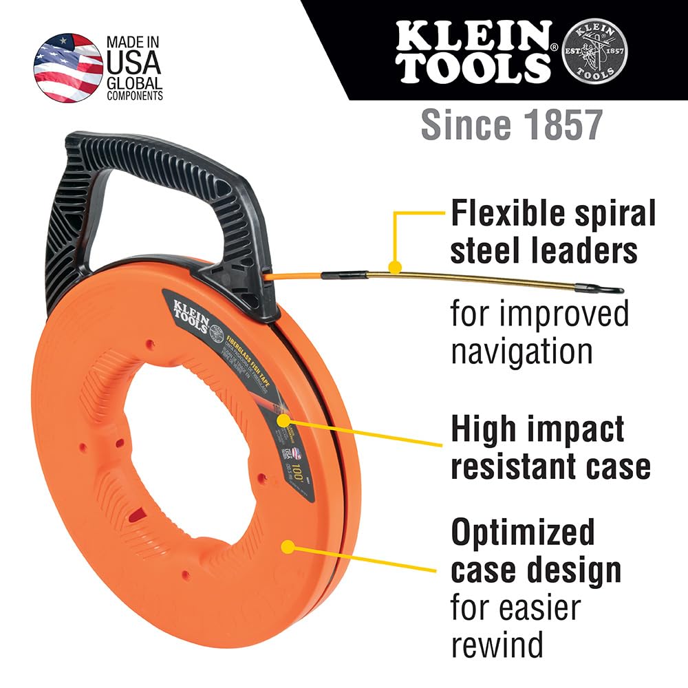 Klein Tools 56351 Non-Conductive Electrical Fish Tape - 100-Foot Fiberglass Wire Puller with Steel Leader & Optimized Housing | Perfect for Electricians, DIY Home Wiring & Cable Installation Projects