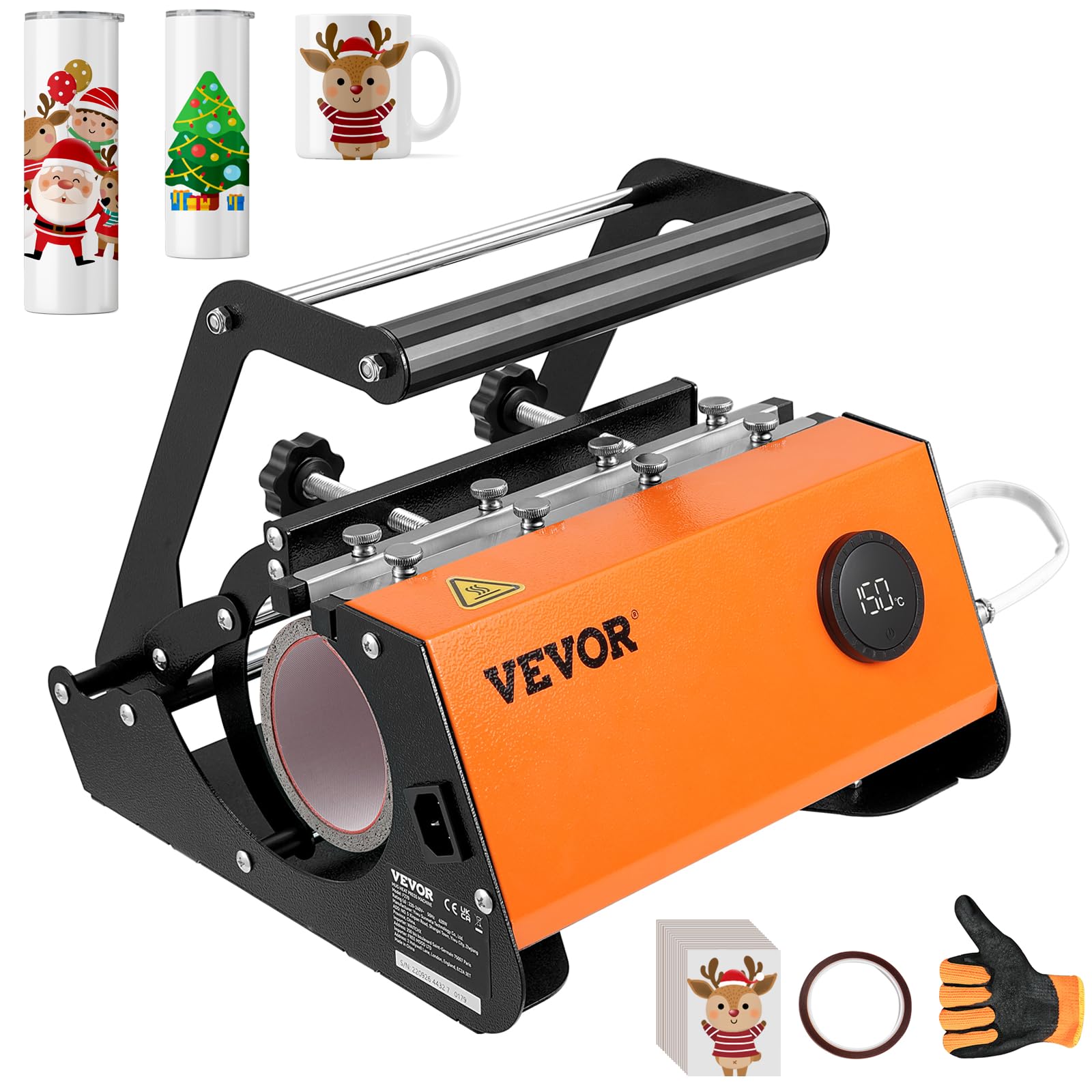 VEVOR Tumbler Heat Press Machine for 20oz-30oz Straight & 11-16oz Skinny Tumblers - Mug Press with Sublimation Paper, Heat Tape & Gloves (Orange) - Perfect for DIY Custom Tumblers, Coffee Mugs & Sublimation Crafts