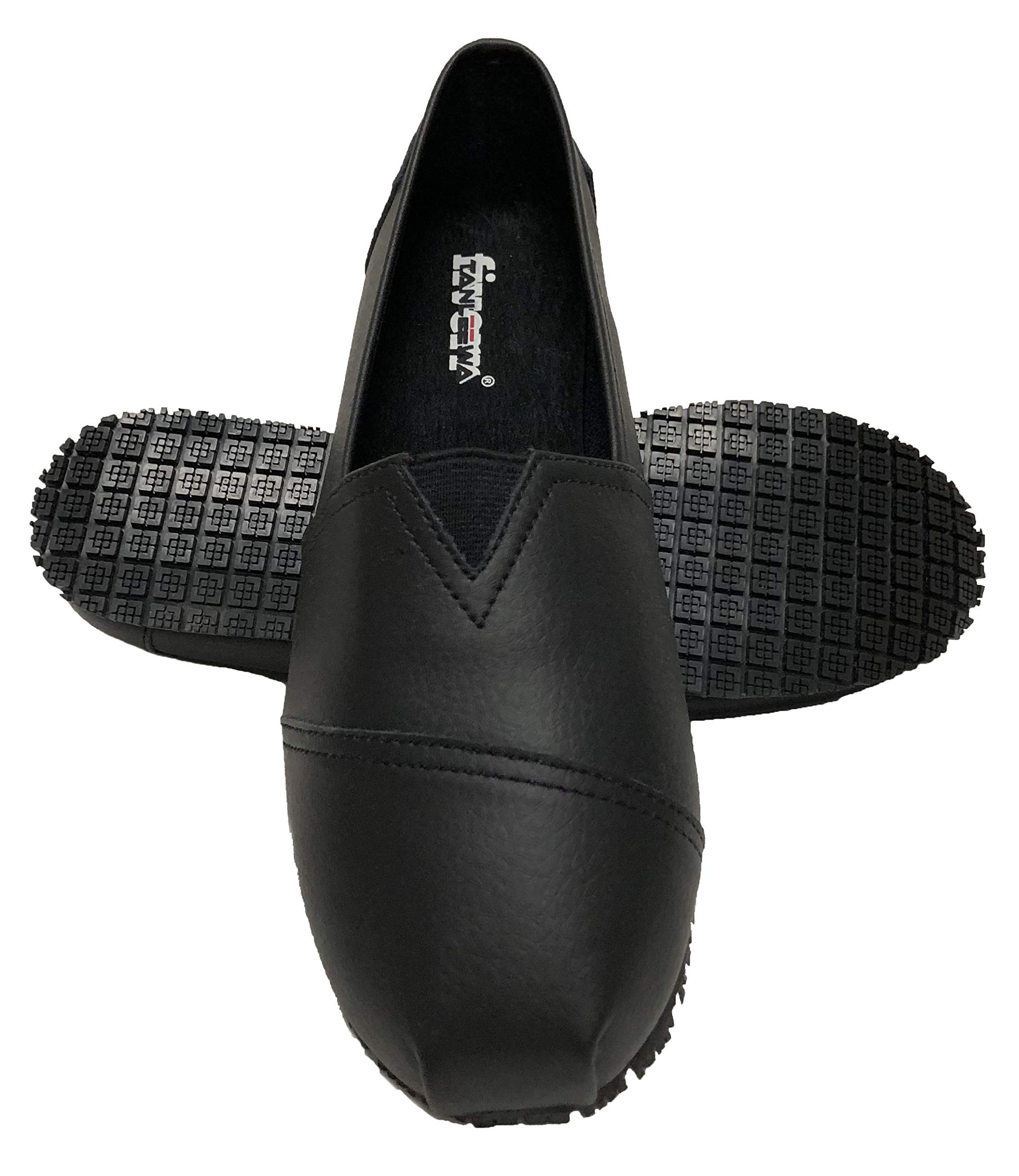 Tanleewa Townforst Women's Slip-Resistant Oil-Resistant Non-Slip Work Shoes - Black Leather Slip-On Flats Size 9 - Comfortable & Durable for Nurses, Chefs & Restaurant Workers