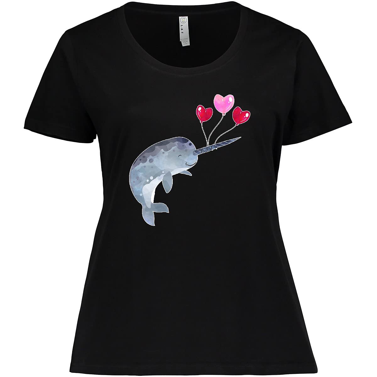 Inktastic Valentine's Day Narwhal with Heart Balloons Women's Plus Size T-Shirt - Cute Casual Graphic Tee for Valentine's Gifts, Date Nights & Whale Lovers
