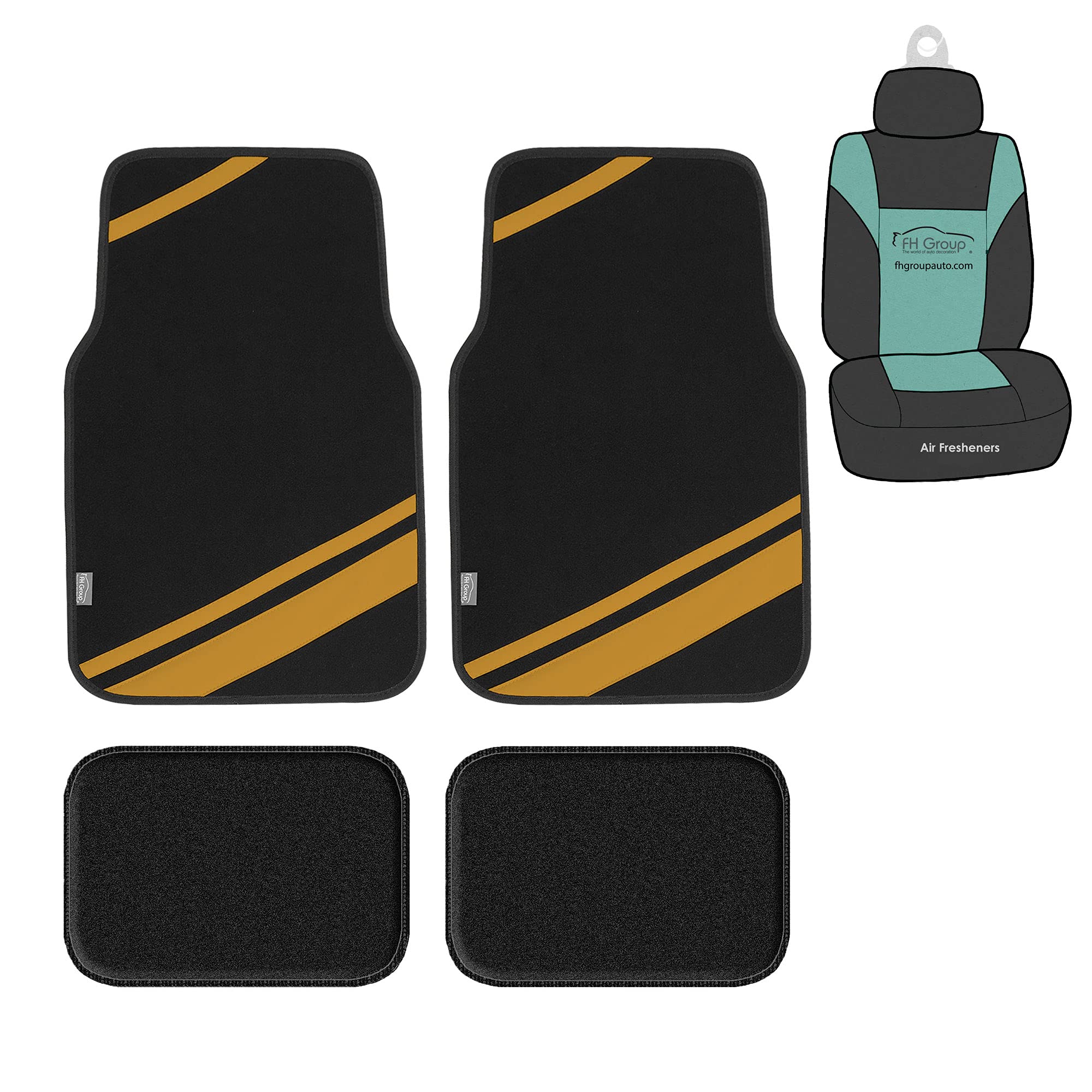 FH Group Universal Car Floor Mats - All-Weather Faux Leather & Carpet Combo (Yellow Stripes) for Sedans, SUVs, Trucks | Non-Slip Auto Interior Protection | Perfect for Daily Commute, Road Trips & Off-Road Adventures