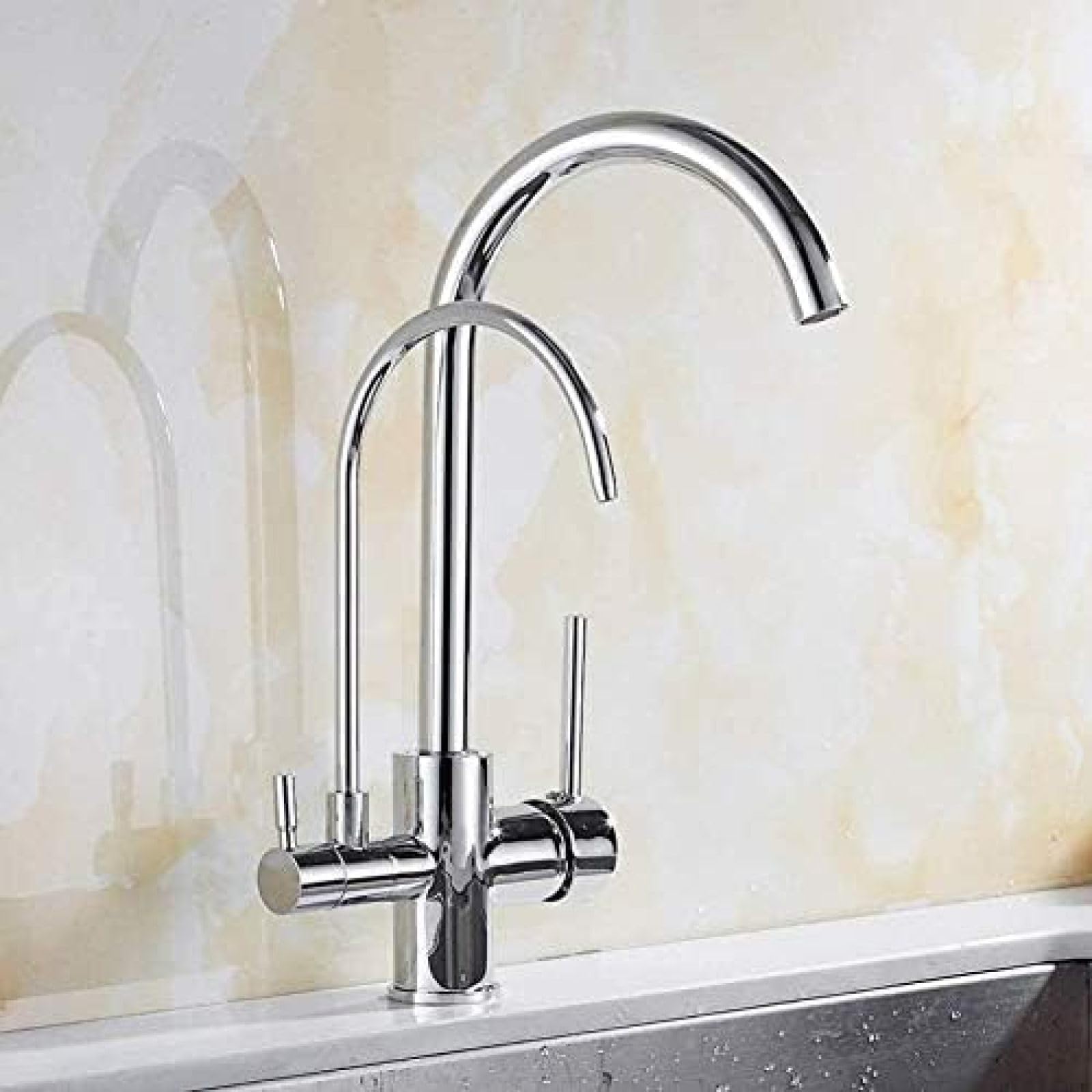 CRJUS Modern Deck Mount Brass Kitchen Tap Faucet - Dual Handle Chrome Mixer Taps with 3-Way Filter for Sink, Ideal for Home and Commercial Kitchens