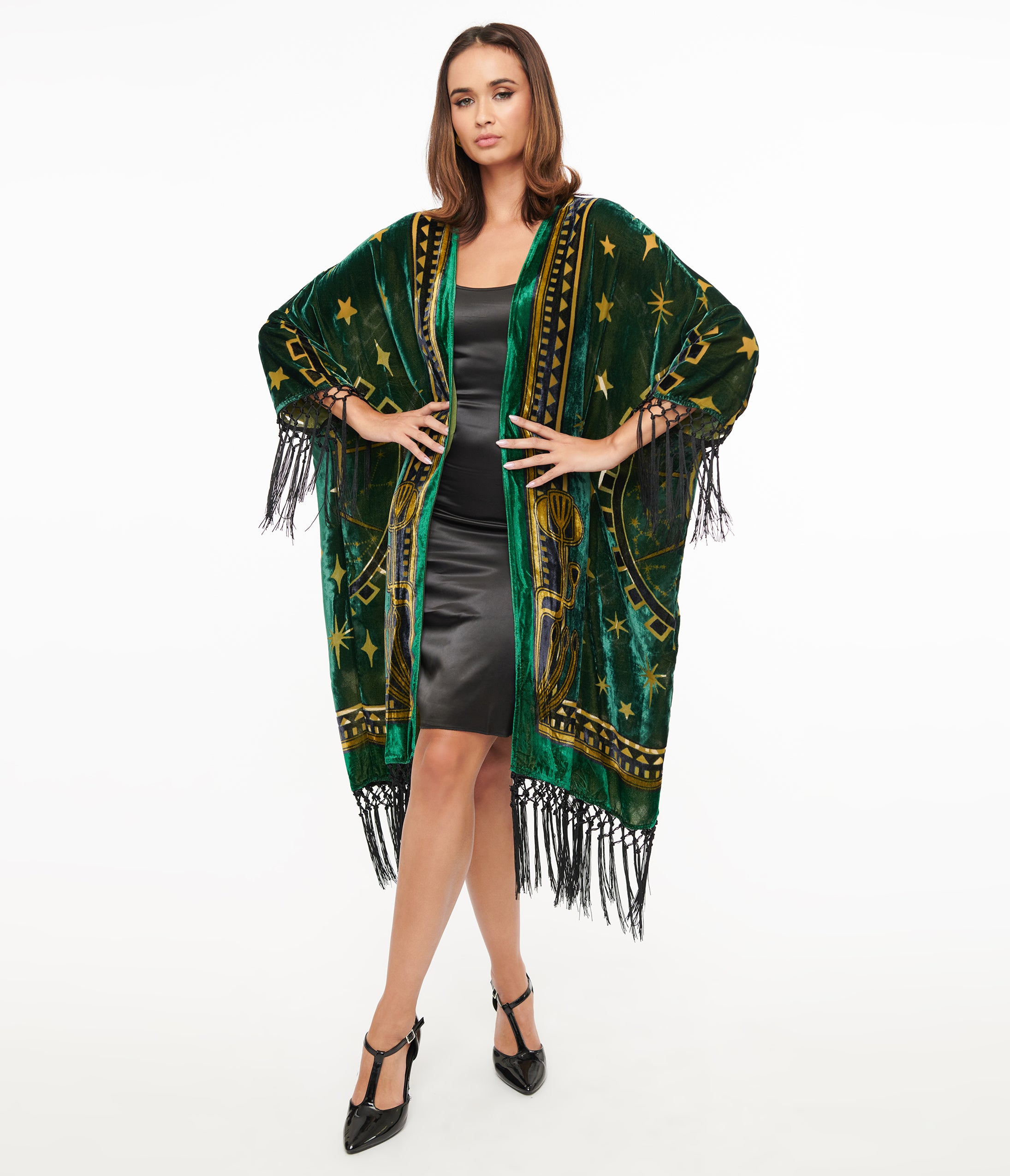 Vintage 1930s Emerald Green Gold Zodiac Print Burnout Velvet Fringe Kimono Jacket - Retro Bohemian Loungewear for Women, Perfect for Parties, Festivals & Home Relaxation