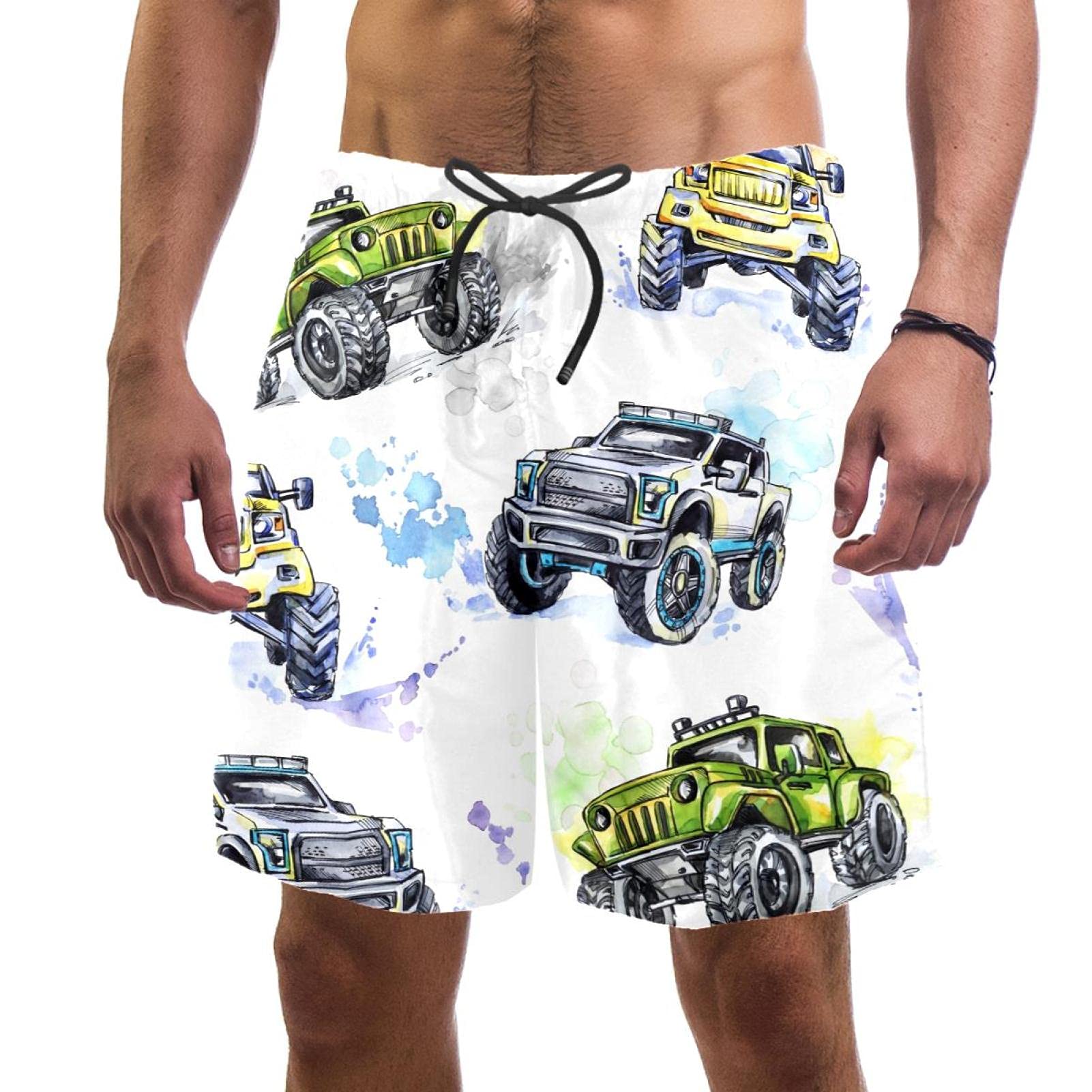 Eqiaoqukey Men's Quick Dry Swim Trunks - Cartoon Monster Truck Beach Shorts with Mesh Lining & Pockets | Perfect for Swimming, Surfing, and Summer Vacations