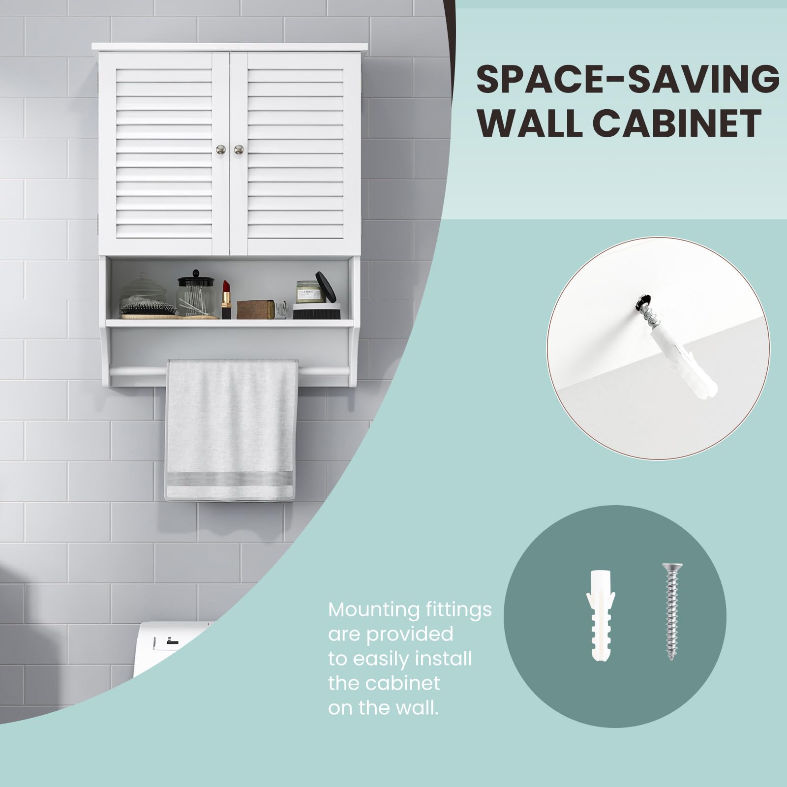 LIFEZEAL Wooden Wall Mounted Bathroom Storage Cabinet with 2 Doors & 3 Shelves - Adjustable Space-Saving Design with Towel Rack, Holds Up to 30kg (60x22x75cm, White) - Perfect for Small Bathrooms, Apartments & Vanity Organization