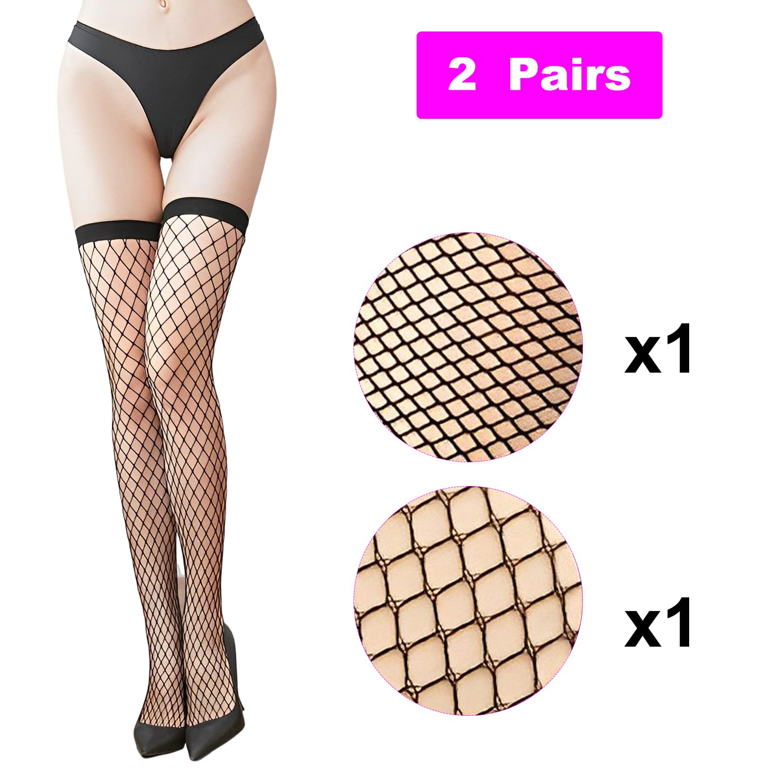 2 Pairs Black Fishnet Stockings for Women - High Thigh Elastic Fishnet Socks, Stretchy & Comfortable for Daily Wear, Cosplay, Halloween Costumes, and Night Out Outfits