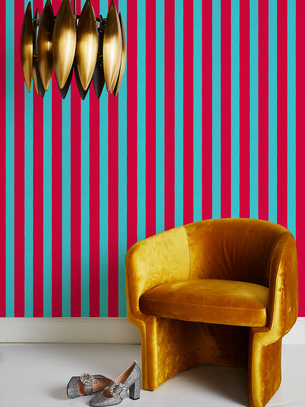 Sarah Jessica Parker 'Grosgrain Stripe' Wallpaper - Scarlet, Capri Blue | Peel & Stick Removable Wallpaper for Bedroom, Nursery, Living Room Decor