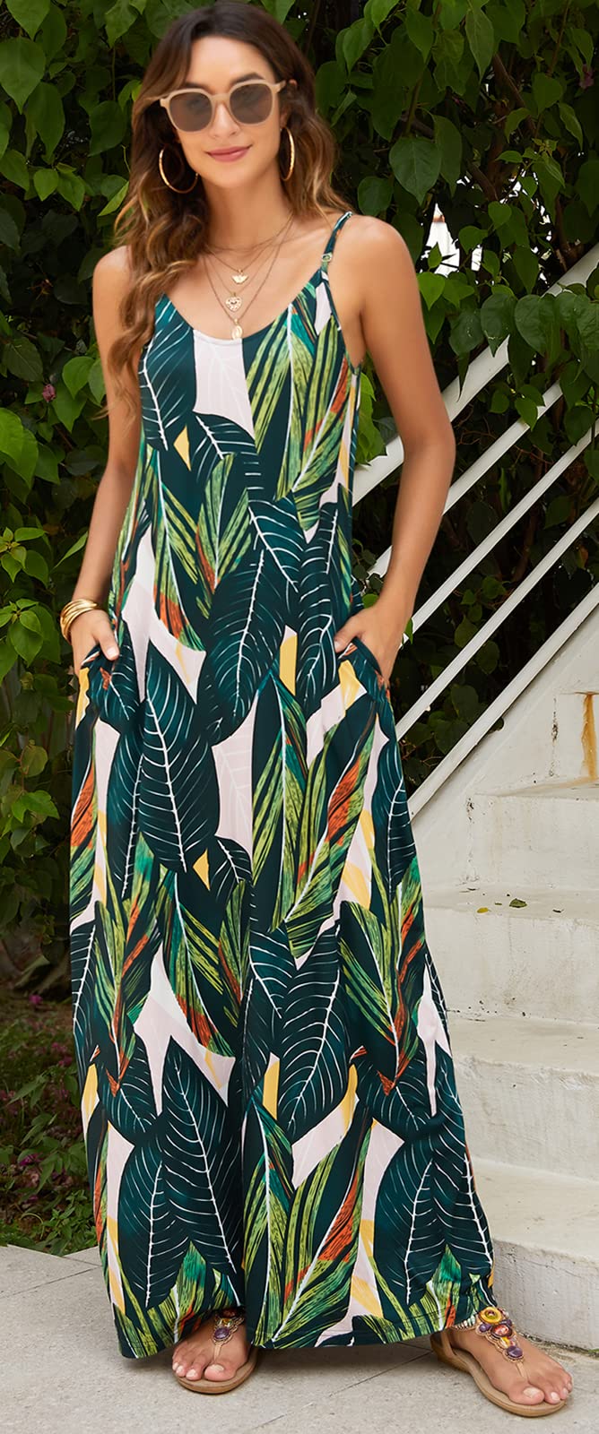 Supnier Women's Summer Maxi Dress - Casual V-Neck Sleeveless Bohemian Floral Long Dress with Spaghetti Straps & Pockets | Perfect for Beach Vacations, Date Nights & Outdoor Parties