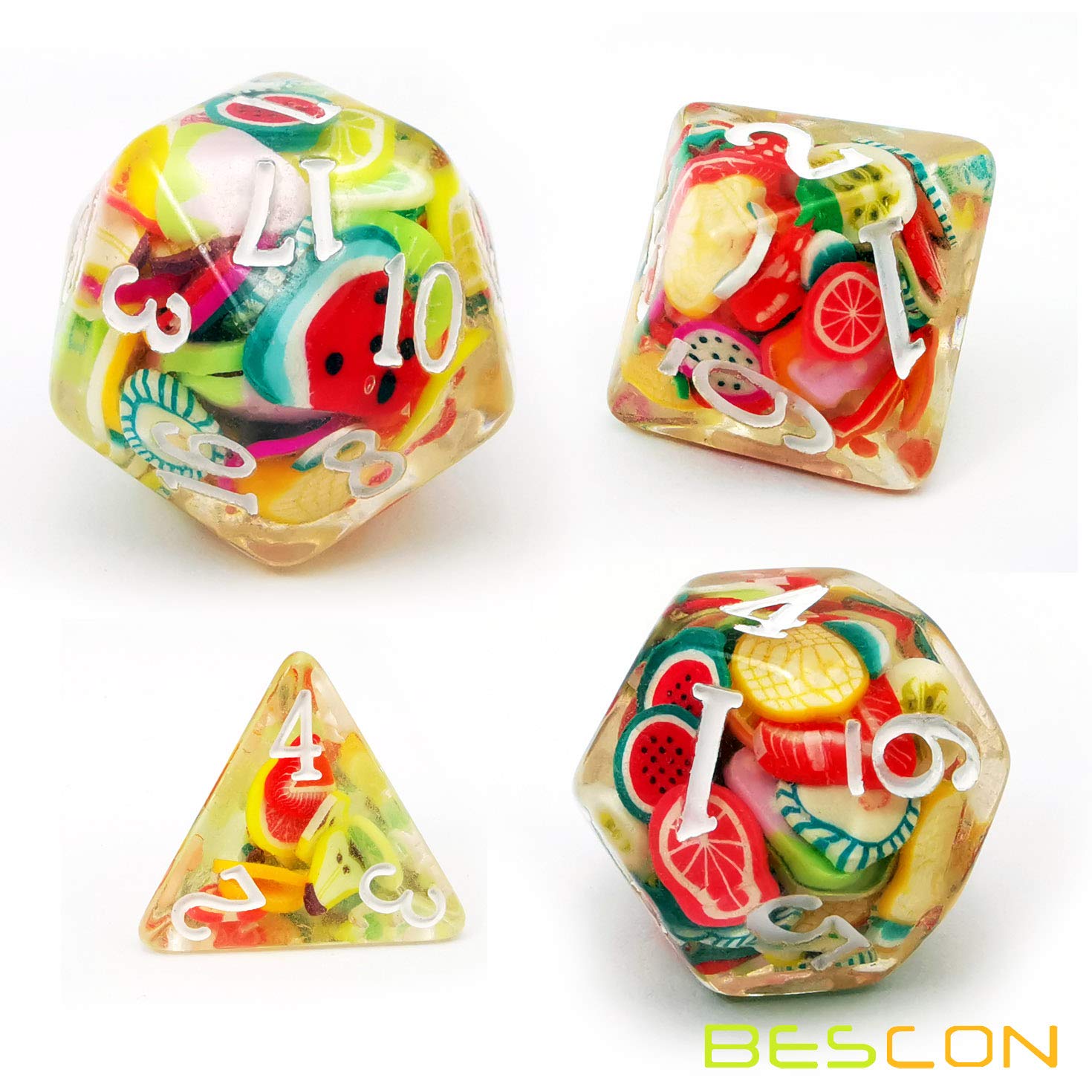 BESCON DICE 7-Piece Fruit Themed Polyhedral RPG Dice Set for Dungeons & Dragons, Pathfinder, and Tabletop Gaming - Perfect for D&D Players, Collectors, and Gift Giving