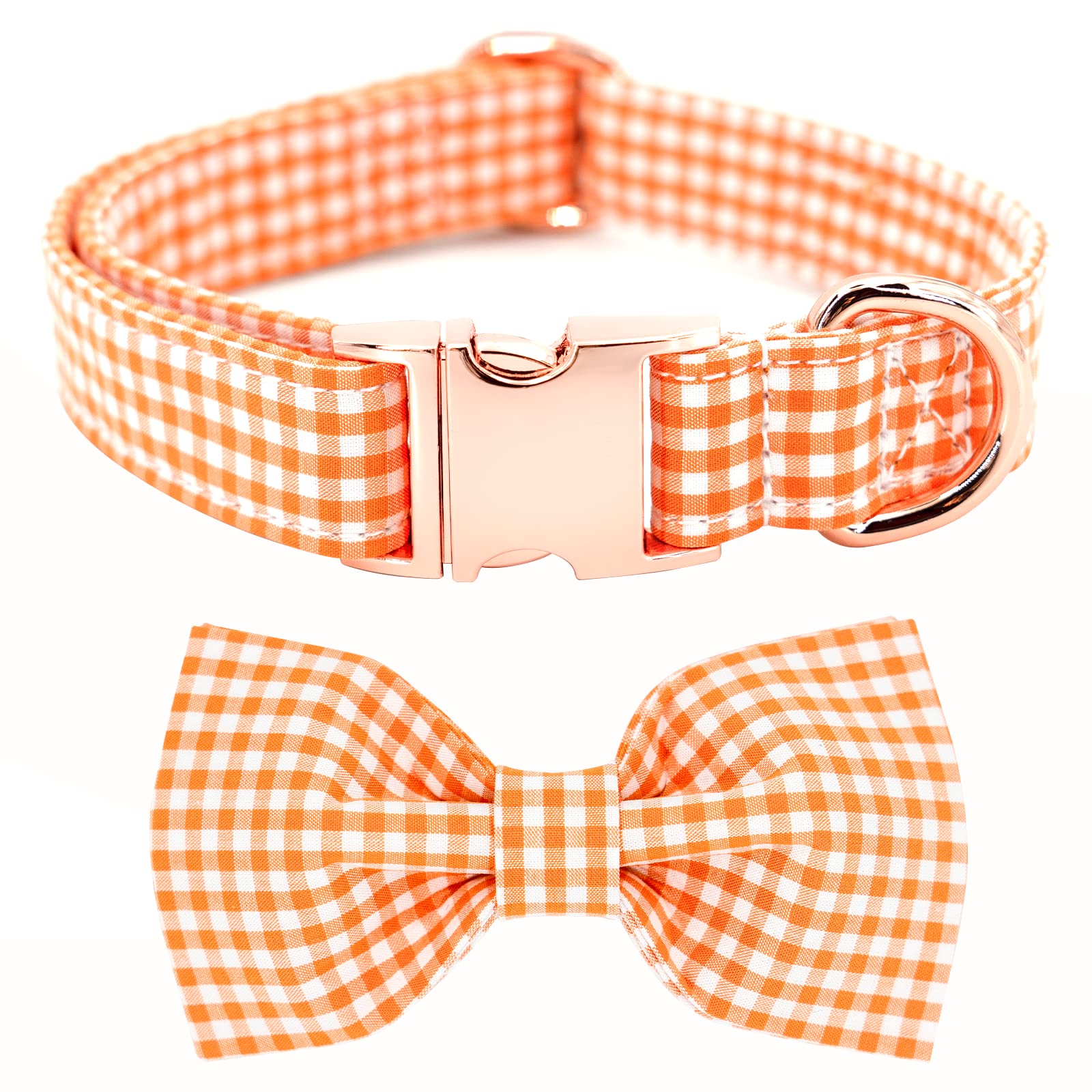 Elegant Plaid Dog Collar with Bow Tie - Soft Comfy Cotton Adjustable Pet Collar for Small Medium Large Puppy & Cat - Premium Metal Buckle for Outdoor Training, Walking, Running (Orange Grid, Medium) - Perfect for Daily Walks, Pet Parties & Photo Shoots