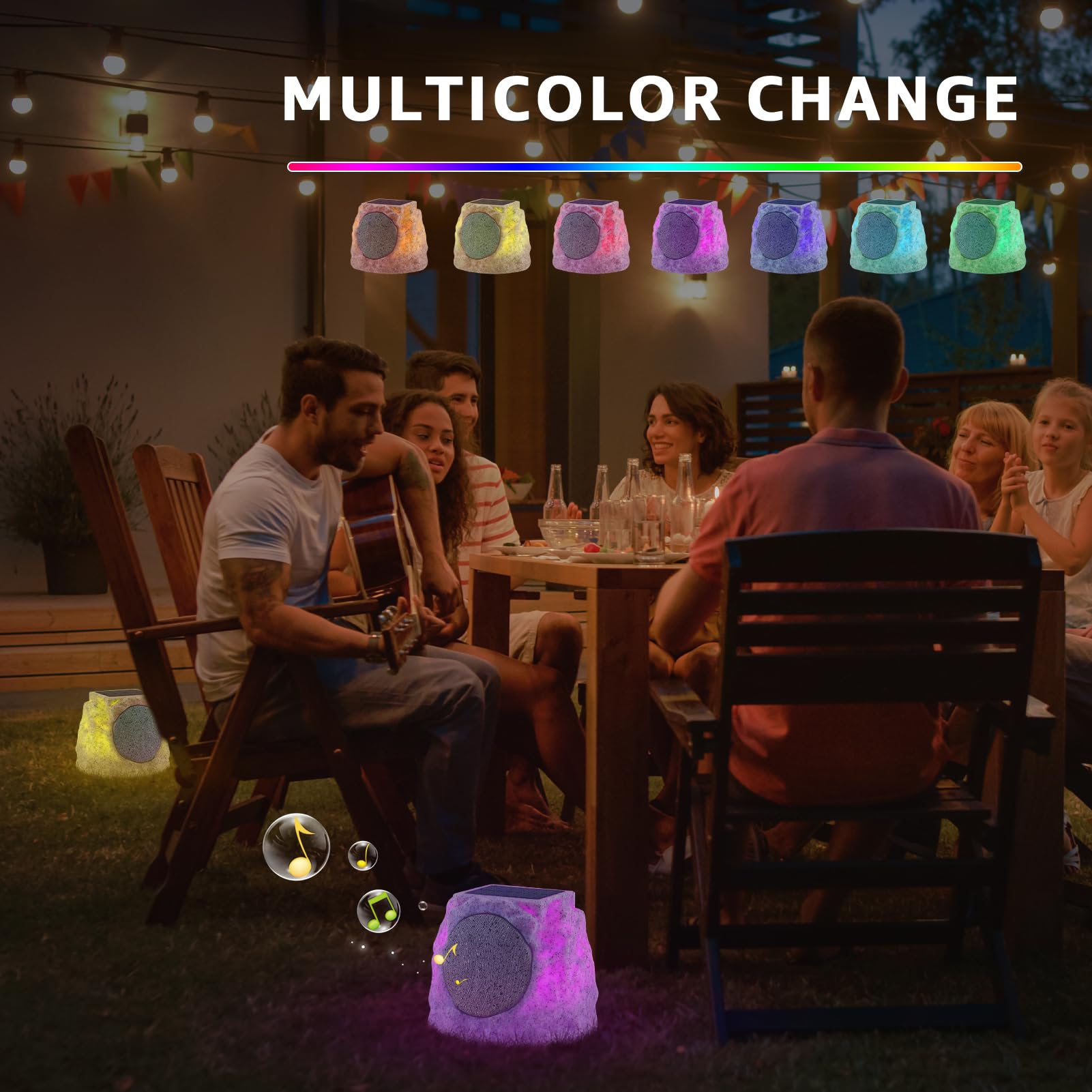 Outdoor Rock Speakers 2 Pack - Solar Powered, Waterproof, Wireless Bluetooth Portable Speakers with RGB Lights for Patio, Pool, Deck, Yard & Garden - Perfect for Outdoor Parties, BBQs & Backyard Entertainment