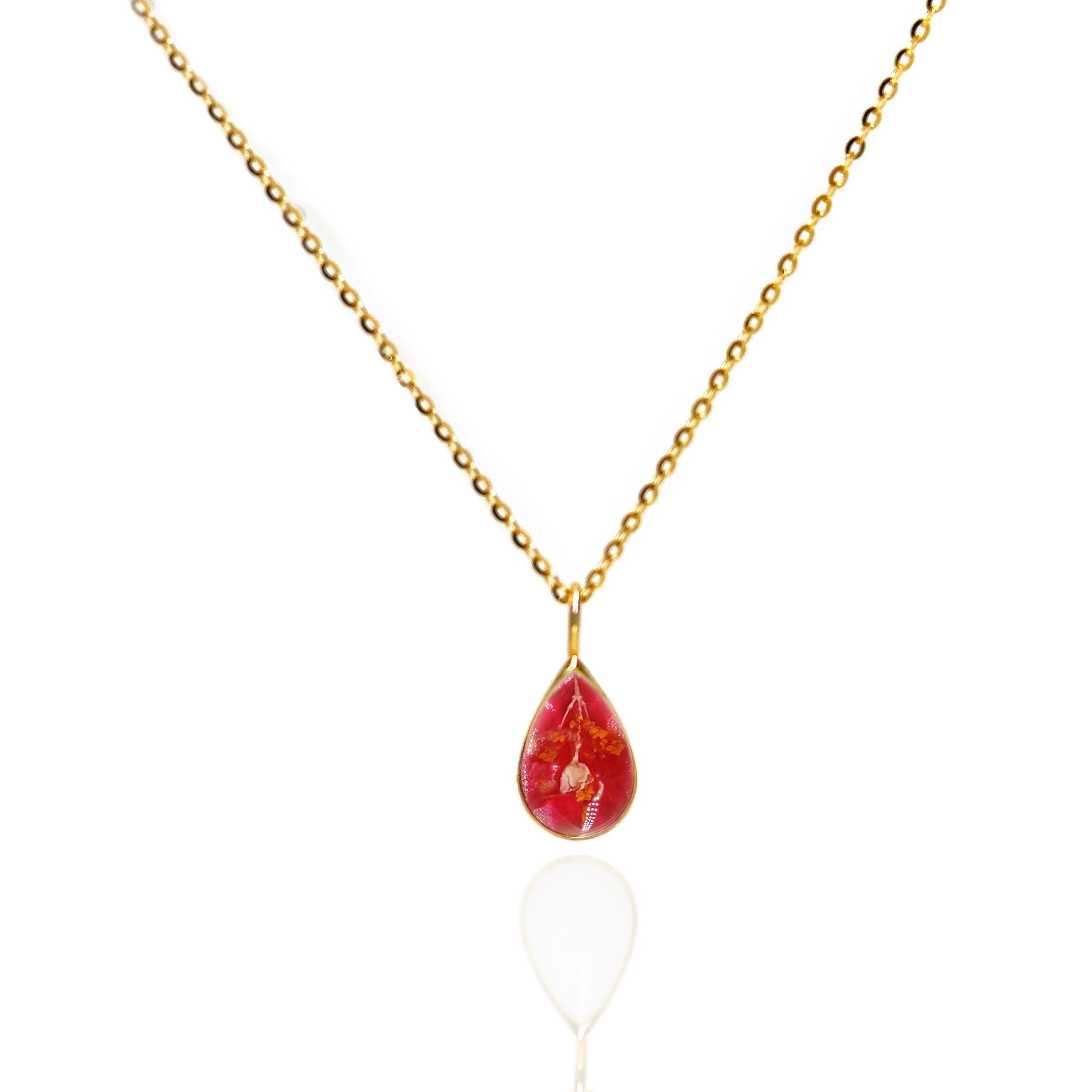 Classic Teardrop Solid Gold Necklace with Dried Flowers - Elegant Memorial Jewelry for Weddings, Funerals & Special Occasions