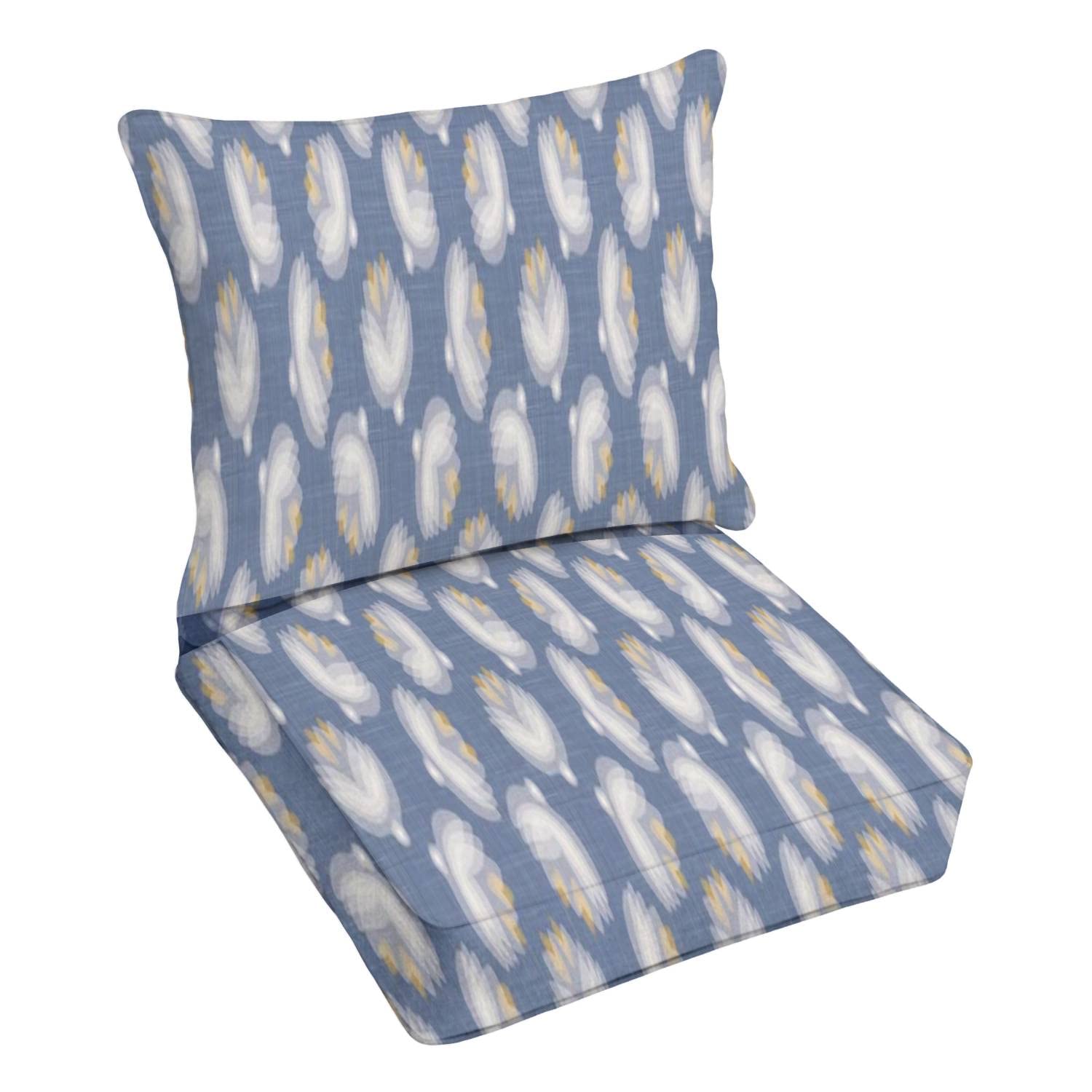French Blue Damask Floral Outdoor Deep Seating Cushion Set - Shabby Chic Linen Texture with Leaf Border - Premium Replacement Cushions for Patio Lounge Chairs - Perfect for Garden, Poolside & Outdoor Conversation Areas
