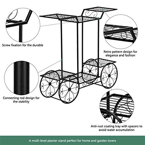 Parisian Style 6-Tier Garden Cart Stand & Flower Pot Plant Holder Display Rack - Black - Perfect for Home, Garden, Patio Decor | Ideal for Indoor Plant Display, Outdoor Gardening, and Balcony Decoration