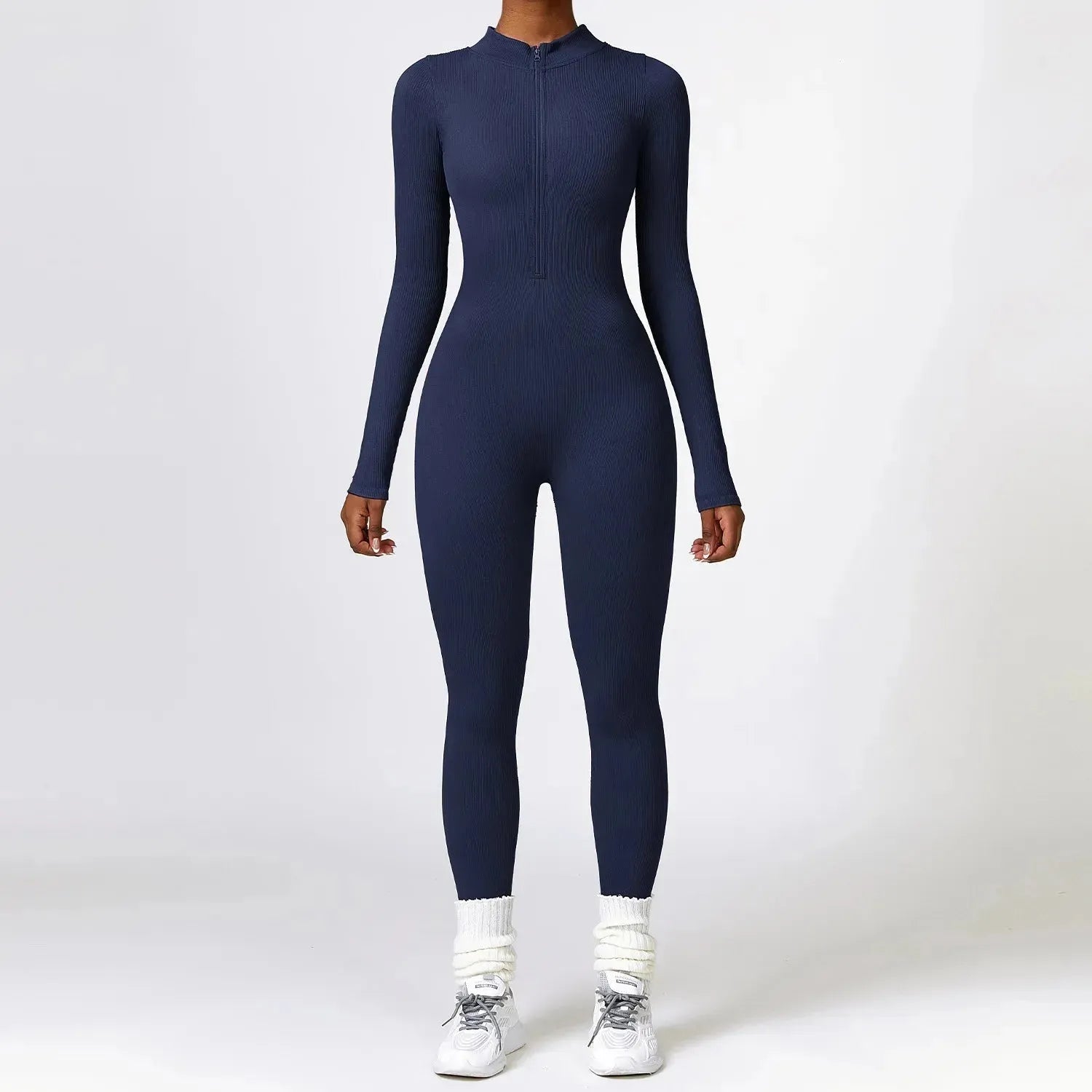 Women's Ribbed Jumpsuit One Piece with Zipper - Long Sleeve Yoga Outfit, Gym Push Up Workout Clothes, Fitness Bodysuit & Sportswear Tracksuit for Yoga, Running, Gym & Casual Wear
