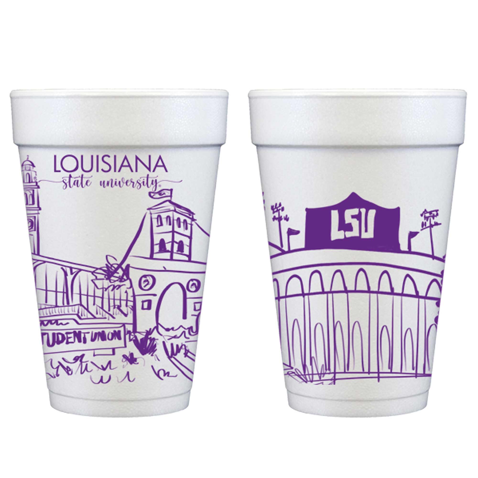 LSU Baton Rouge Campus Skyline Foam Coffee Cups 16oz (10 Pack) - Disposable Party Cups for Graduation, Tailgates & Events - Louisiana Themed Gifts for College Students & Alumni - Perfect for Game Days, Dorm Parties & Campus Celebrations