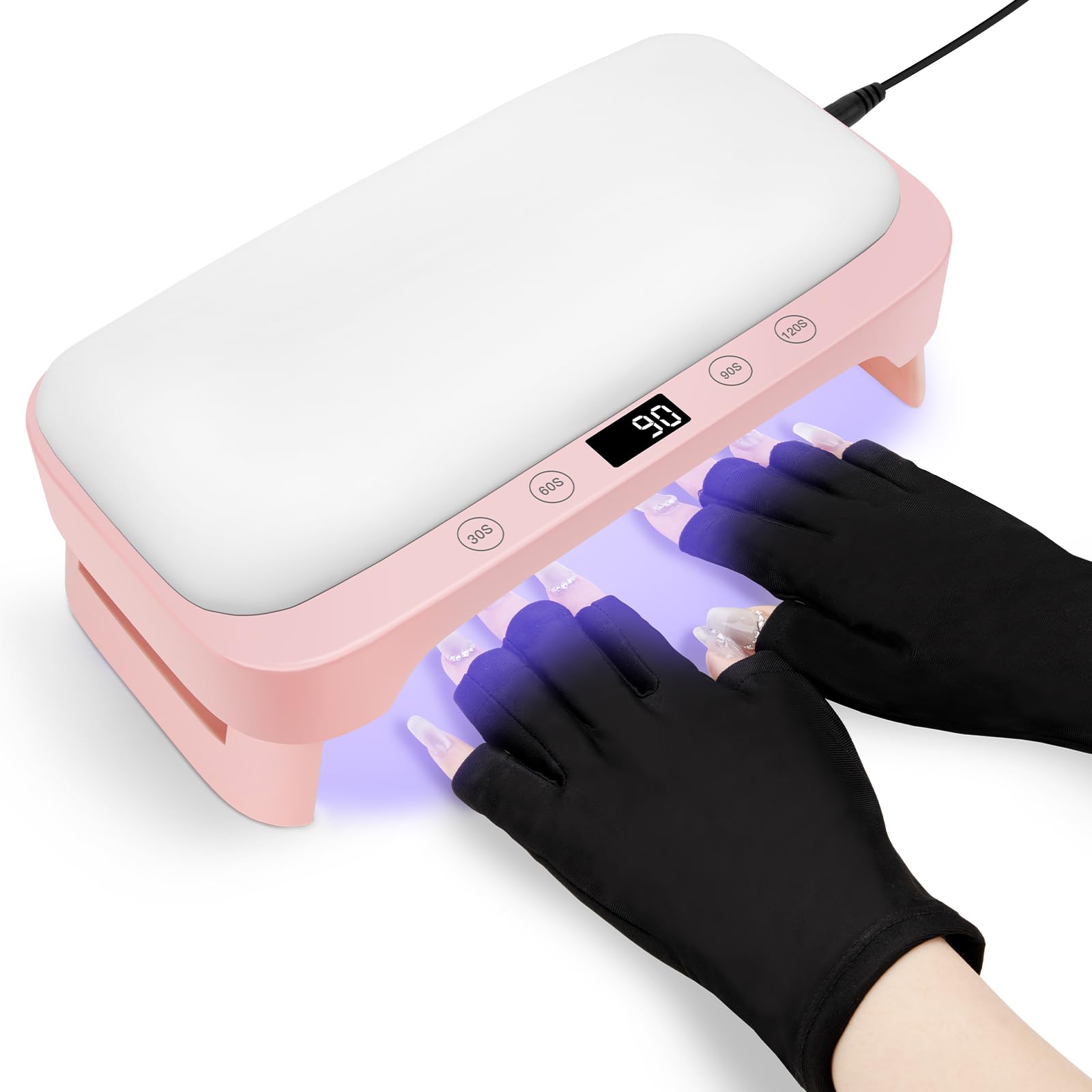 Professional LED UV Nail Lamp with Gloves & Arm Rest - 4 Timer Settings Foldable Gel Nail Dryer for Salon & Home Use | Perfect for Gel Polish Curing, Manicures, Pedicures & DIY Nail Art (Pink)
