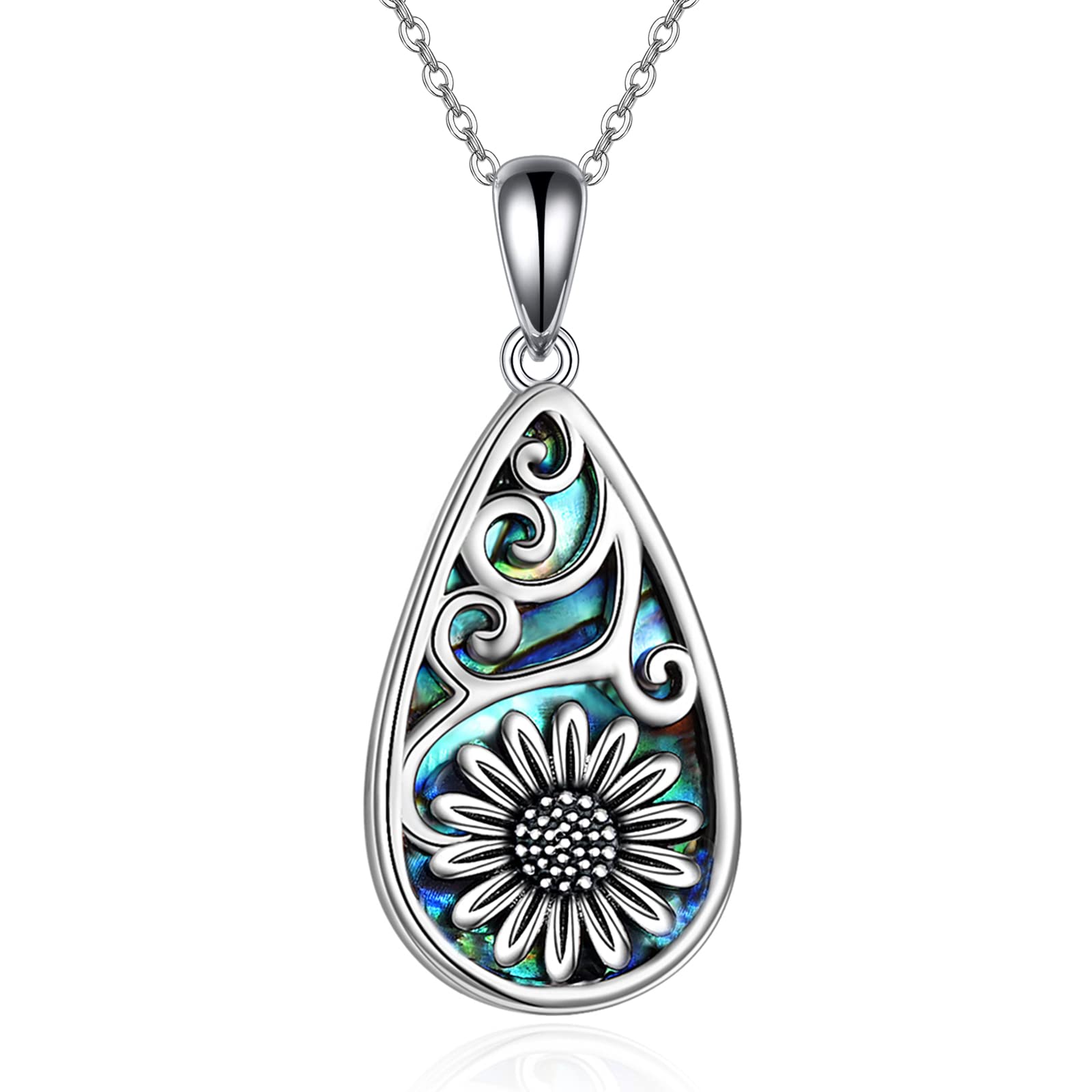 Sterling Silver Lotus Sunflower Hummingbird Pendant Necklace - Teardrop Abalone Shell Cremation Jewelry for Women - Birthday, Halloween & Memorial Gifts - Perfect for Everyday Wear, Special Occasions & Keepsake Jewelry