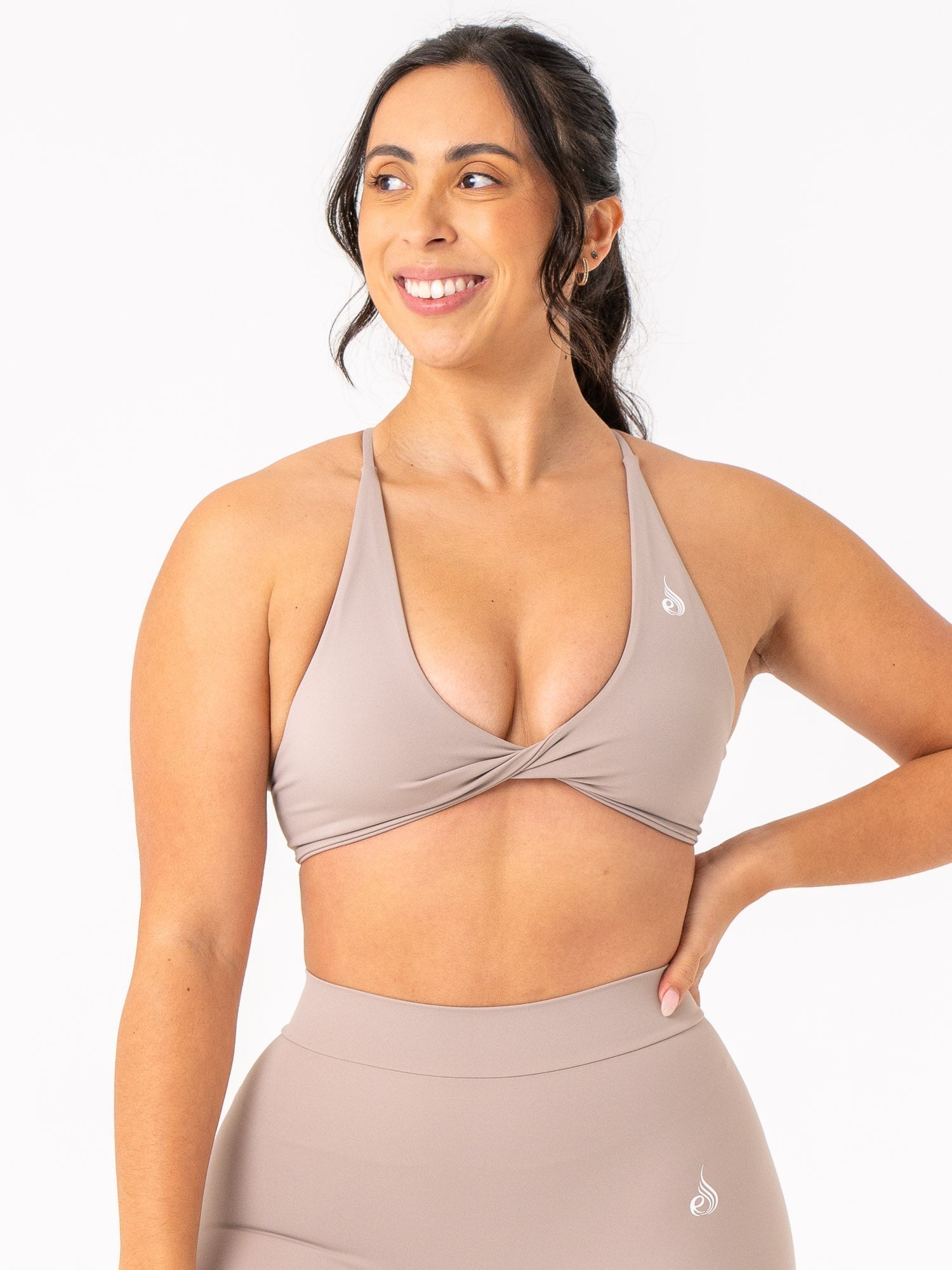 NKD Twist Sports Bra for Women - Breathable High Support Workout Top for Running, Yoga & Gym - Comfortable Taupe Activewear