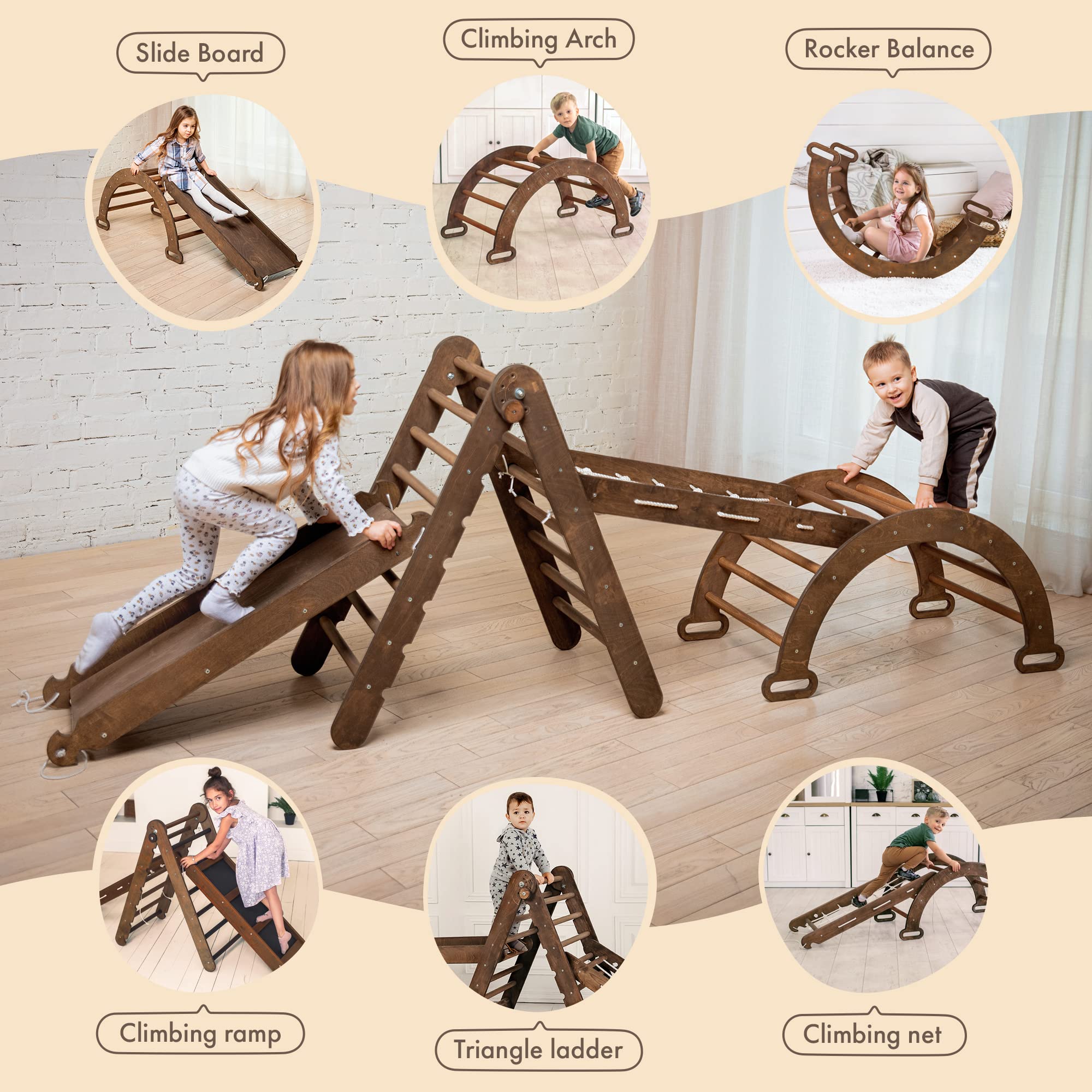 Montessori Climbing Set 4-in-1 for Kids - Wooden Climbing Triangle, Ramp, Arch & Ladder with Soft Choco Pillow | Indoor Play Equipment for Toddler Development & Home Gym