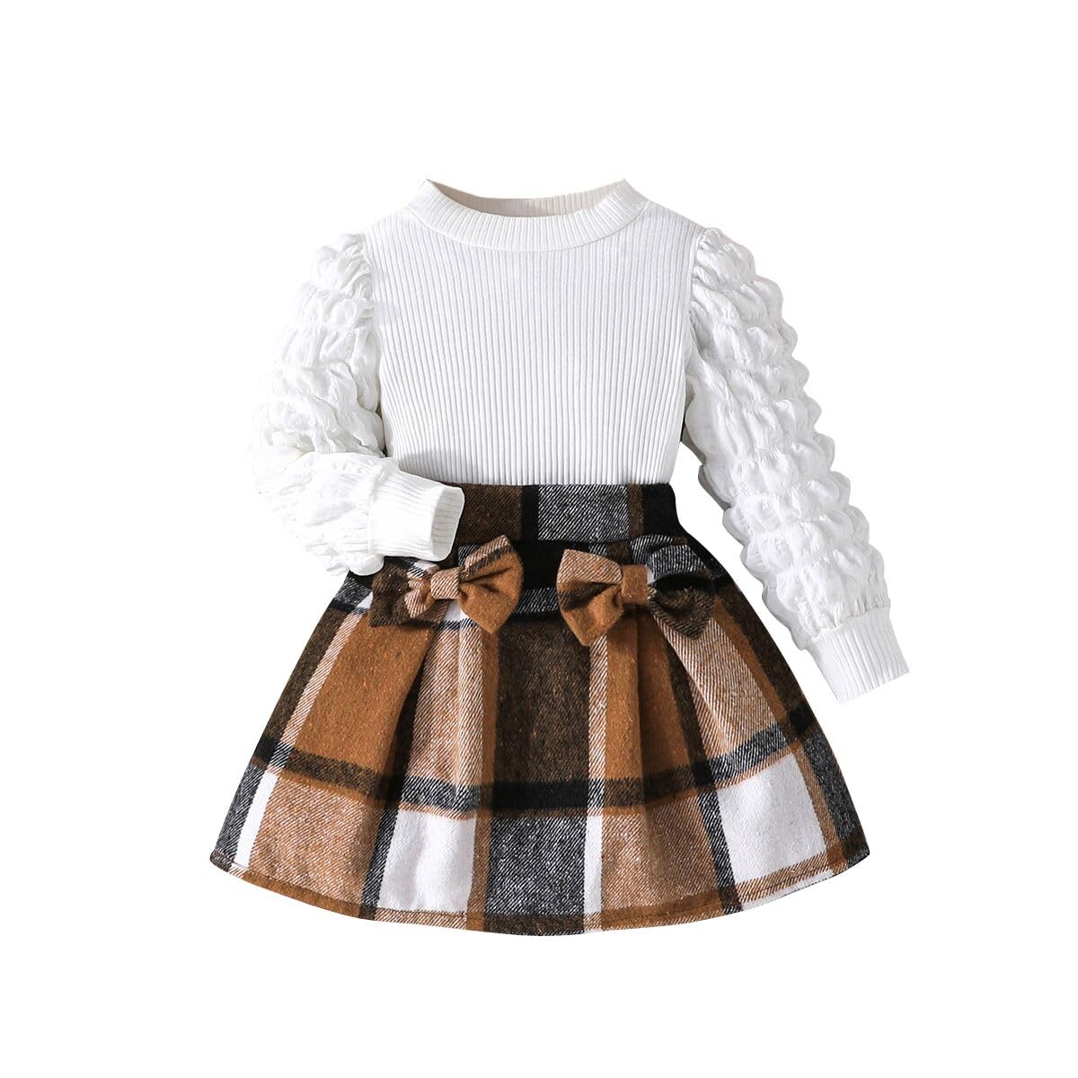 Stylish Noubeau Toddler Girls Plaid Outfits - Puff Sleeve Knit Ribbed Shirt & Plaid Skirt Set for Fall Winter | Cute Kids Clothes for School, Holidays & Family Photos
