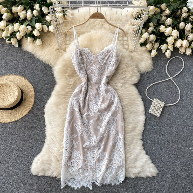 Elegant Lace Sheath Midi Dress with Spaghetti Straps - Perfect for Date Night & Evening Parties