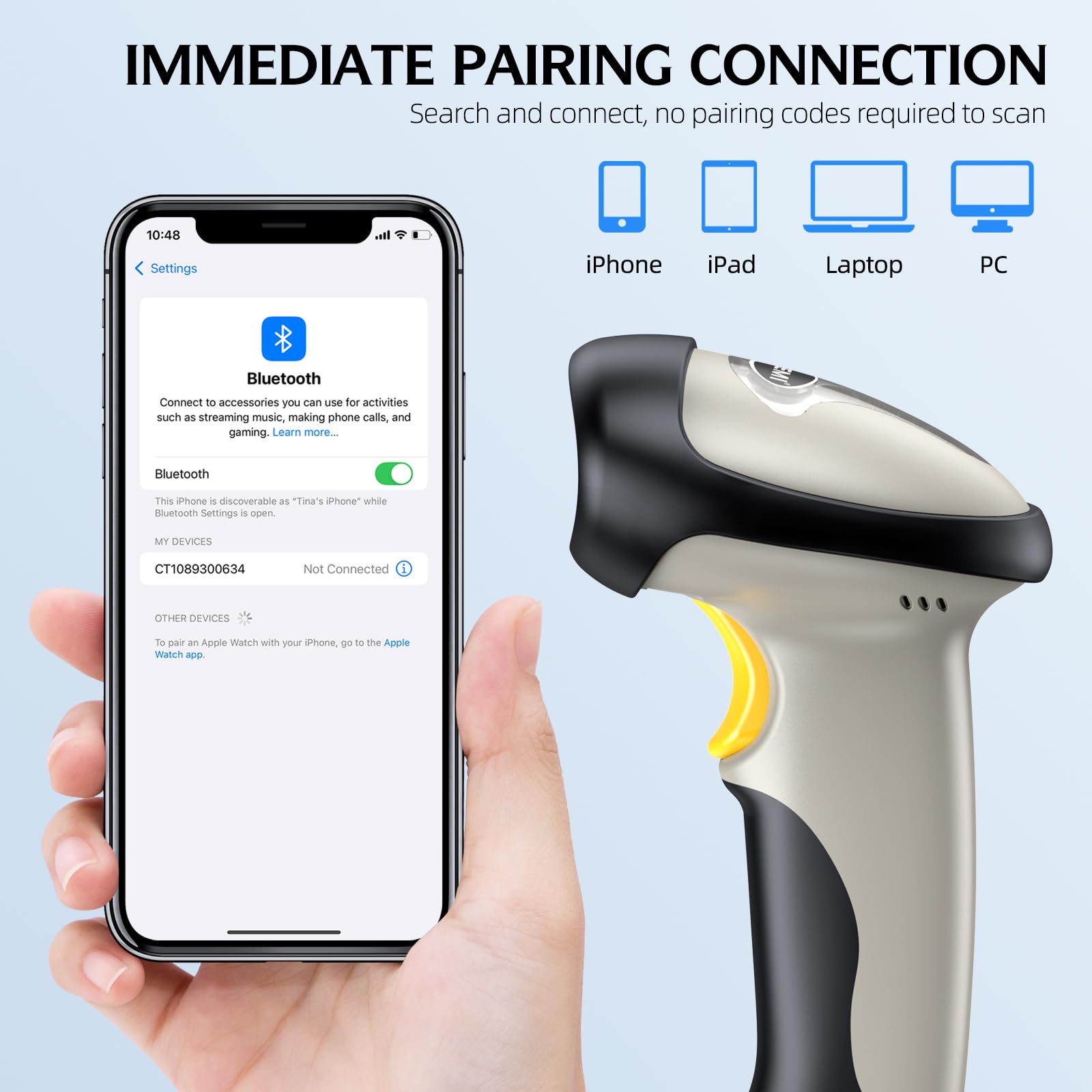 TEEMI Wireless Bluetooth Barcode Scanner - 1D Laser Handheld Reader Compatible with iPhone, iPad, Android Tablet, PC, Mac OS X, Windows 10 & iOS 14 - Includes Stand for Retail, Warehouse & Inventory Management