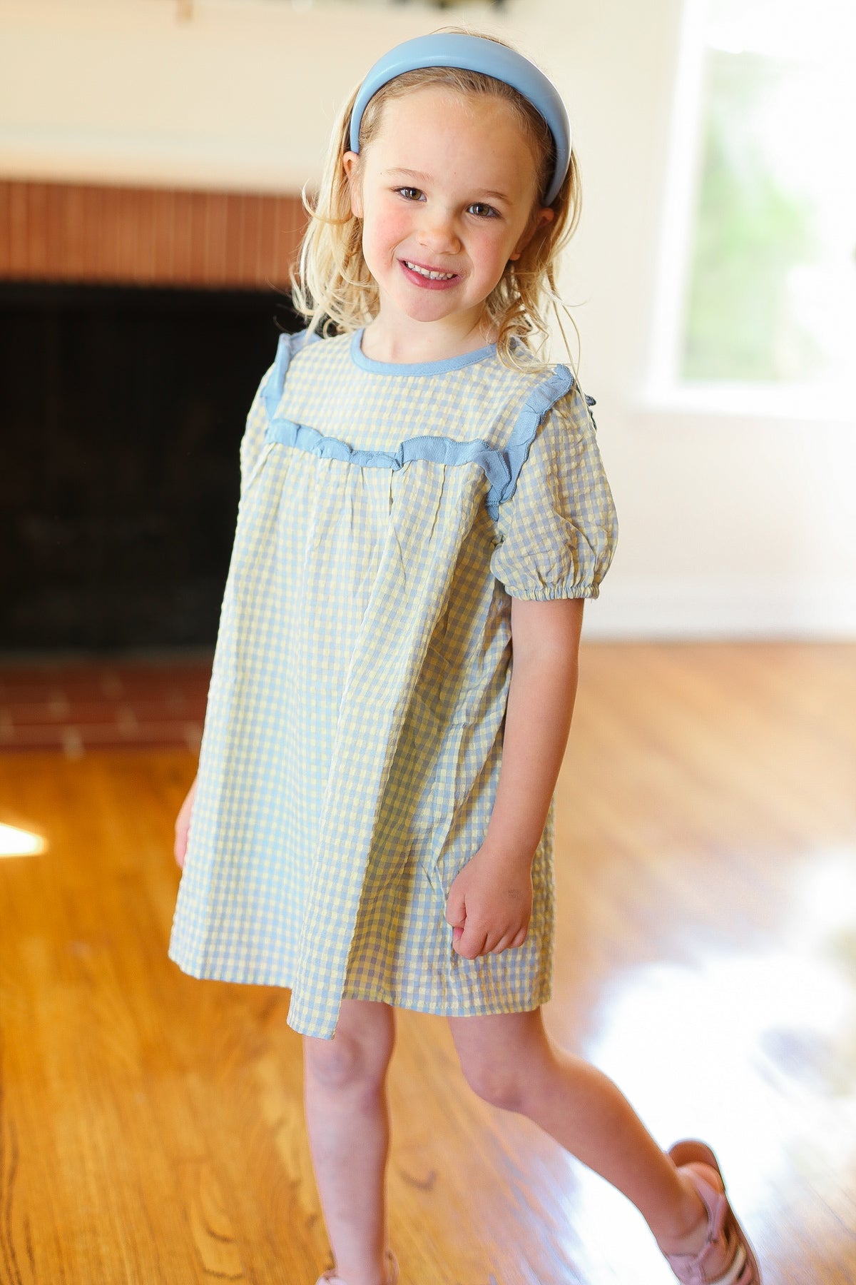 Stylish Blue Gingham Elastic Tie Sleeve Dress for Women | Summer Casual & Party Wear | Perfect for Beach Outings, Picnics, and Date Nights