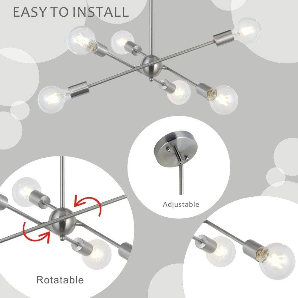 BONLICHT Sputnik Chandelier - 6-Light Modern Pendant Lighting Fixture in Brushed Nickel, Mid-Century Flush Mount Ceiling Light, UL Listed - Perfect for Dining Room, Living Room or Bedroom Lighting