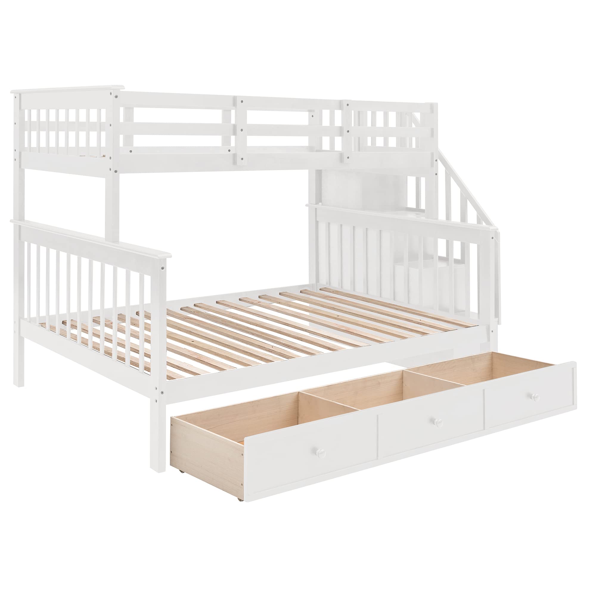 MERITLINE Twin Over Full Bunk Bed with Stairs - Solid Wood Bunk Bed Frame with Storage Drawers & Shelves, No Box Spring Required - White - Perfect for Kids' Bedrooms, Guest Rooms & Small Spaces