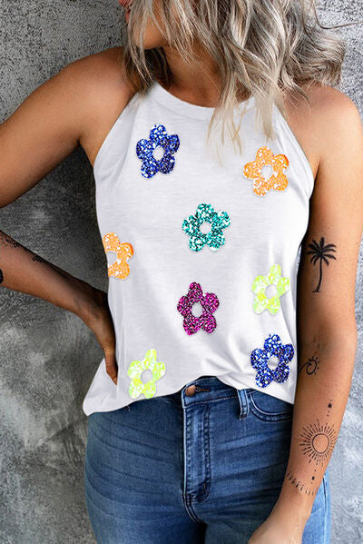 Sequin Flower Grecian Neck Tank Top for Women - Elegant Party Wear, Club Outfit, and Evening Dress - Perfect for Weddings, Prom, and Special Occasions