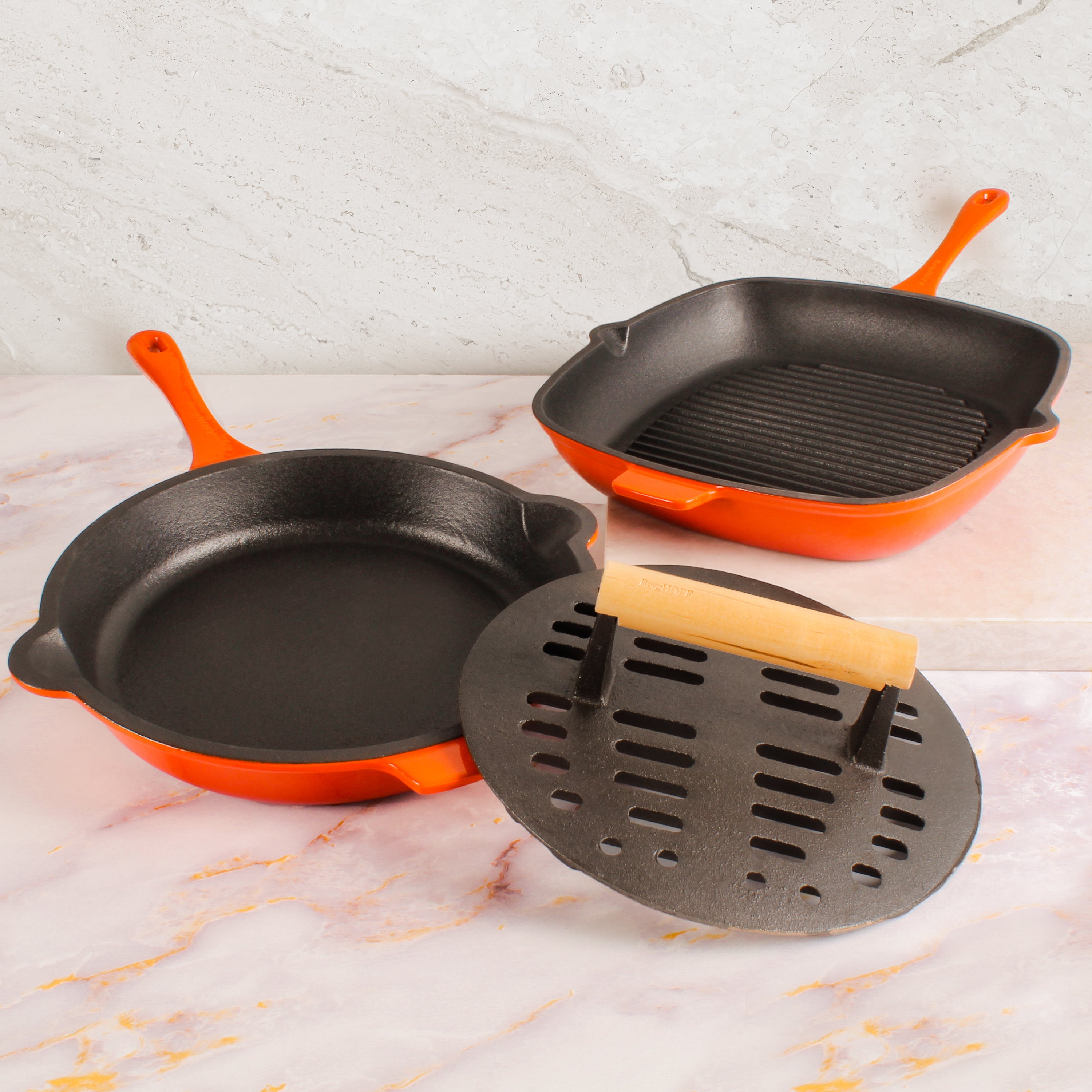 BergHOFF Neo 3-Piece Cast Iron Cookware Set - Grill Pan, Fry Pan & Slotted Steak Press - Orange Enamel Coating for Even Heat Distribution | Perfect for Stovetop, Oven & Outdoor Cooking - Ideal for Steaks, Burgers, Pancakes & More