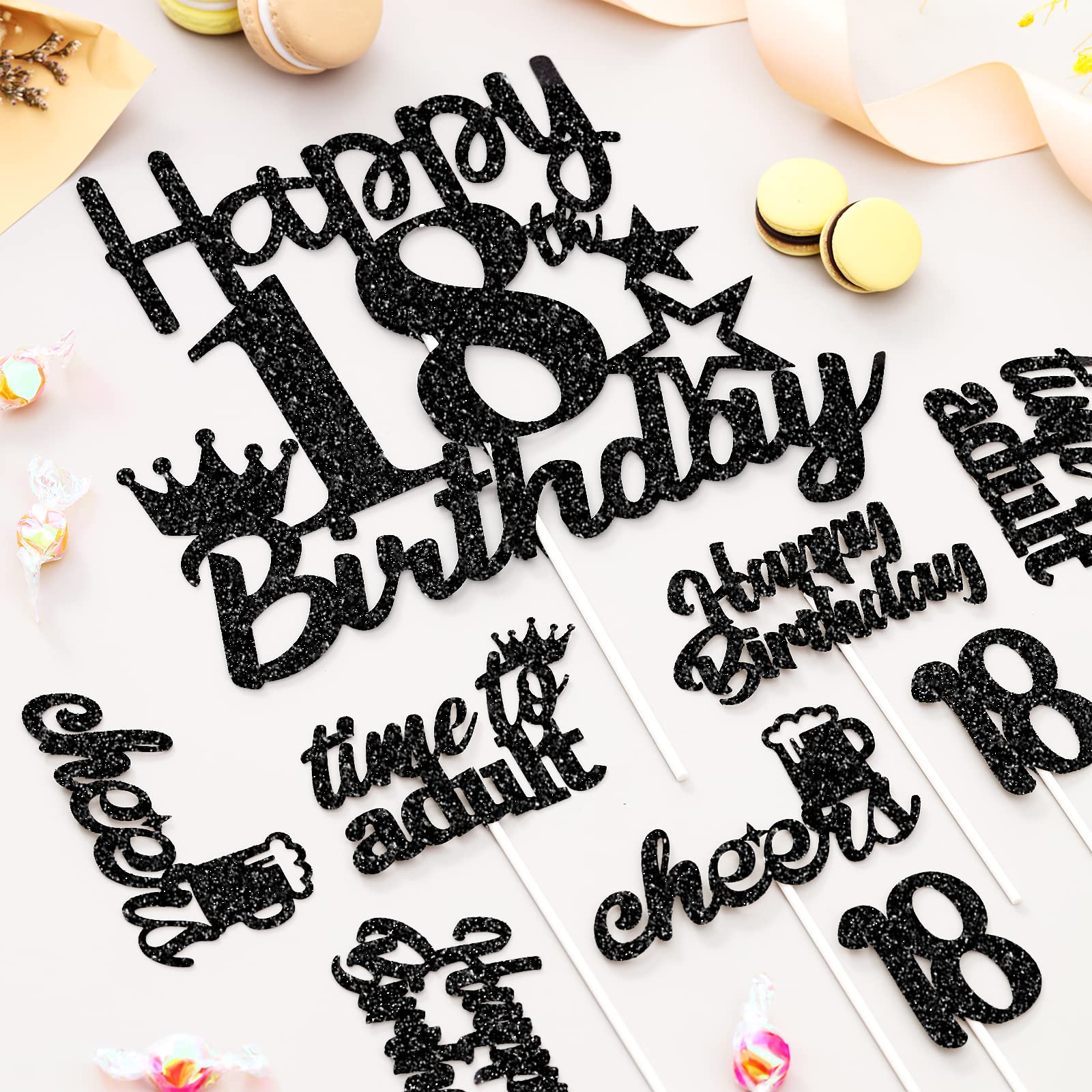 Happy 18th Birthday Cake Toppers - 25 Pack Black Cake Picks & Sticks - Cheers to 18 Years Party Decorations for Boys - Eighteen Years Old Birthday Party Supplies - Perfect for Milestone Celebrations & Sweet 16 Upgrades