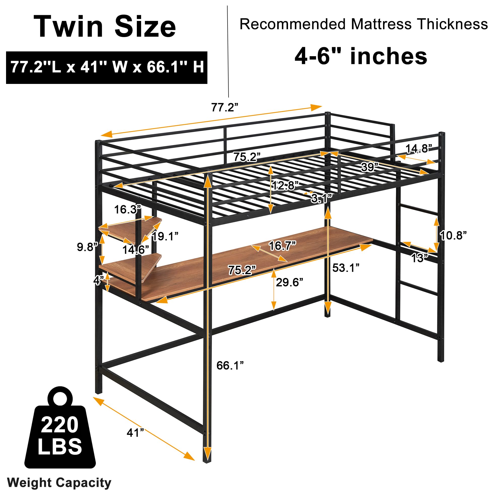Twin Size Loft Bed with Desk & Storage - Heavy Duty Metal Frame with Safety Guardrail for Kids - Space Saving Black Loft Bed for Small Rooms & Dormitories - Perfect for Study, Sleep & Organization