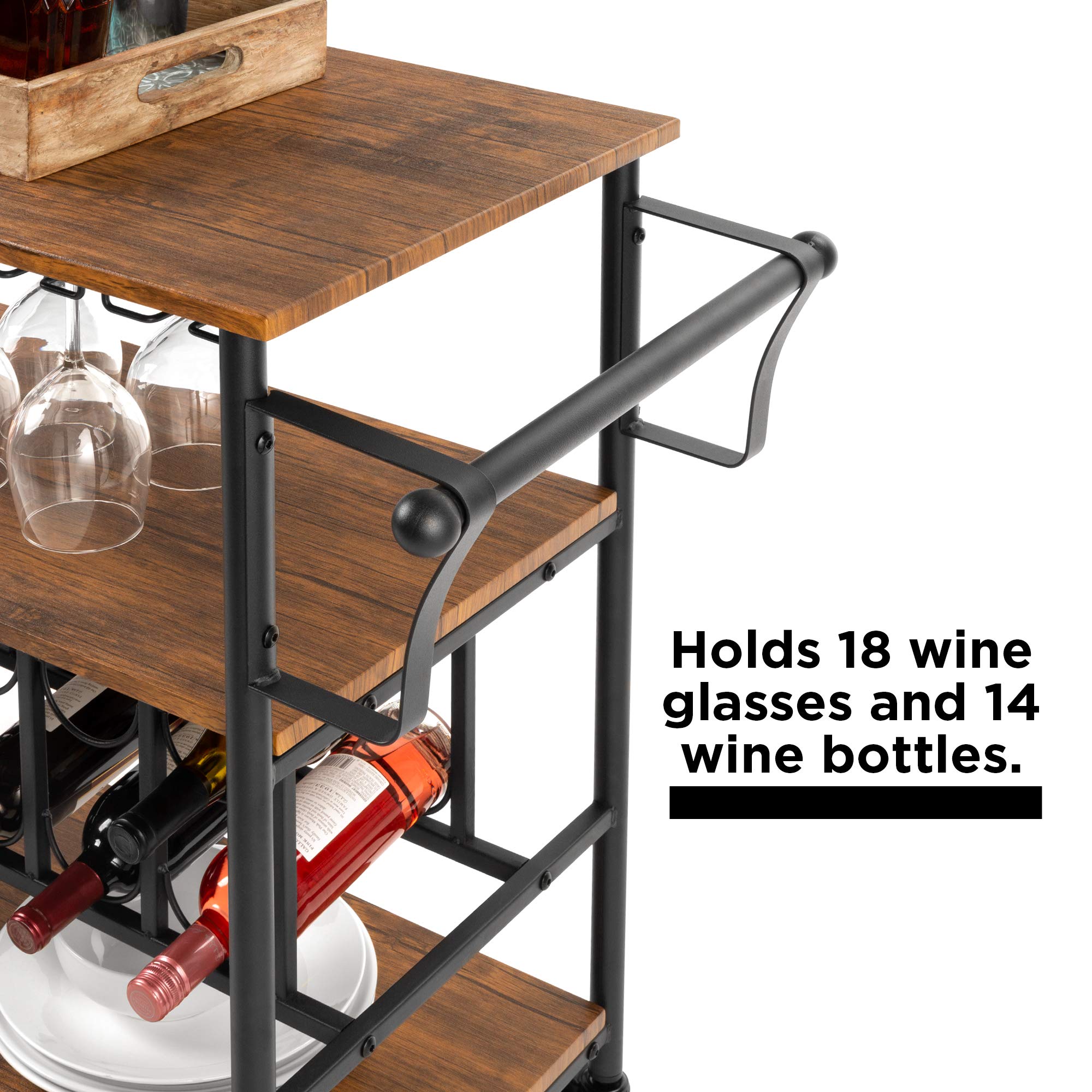 Best Choice Products 45-inch Industrial Wood Shelf Bar & Wine Storage Cart with 14 Bottle Racks & 18 Glass Holders, Locking Caster Wheels - Perfect for Home Bars, Restaurants, and Wine Cellars
